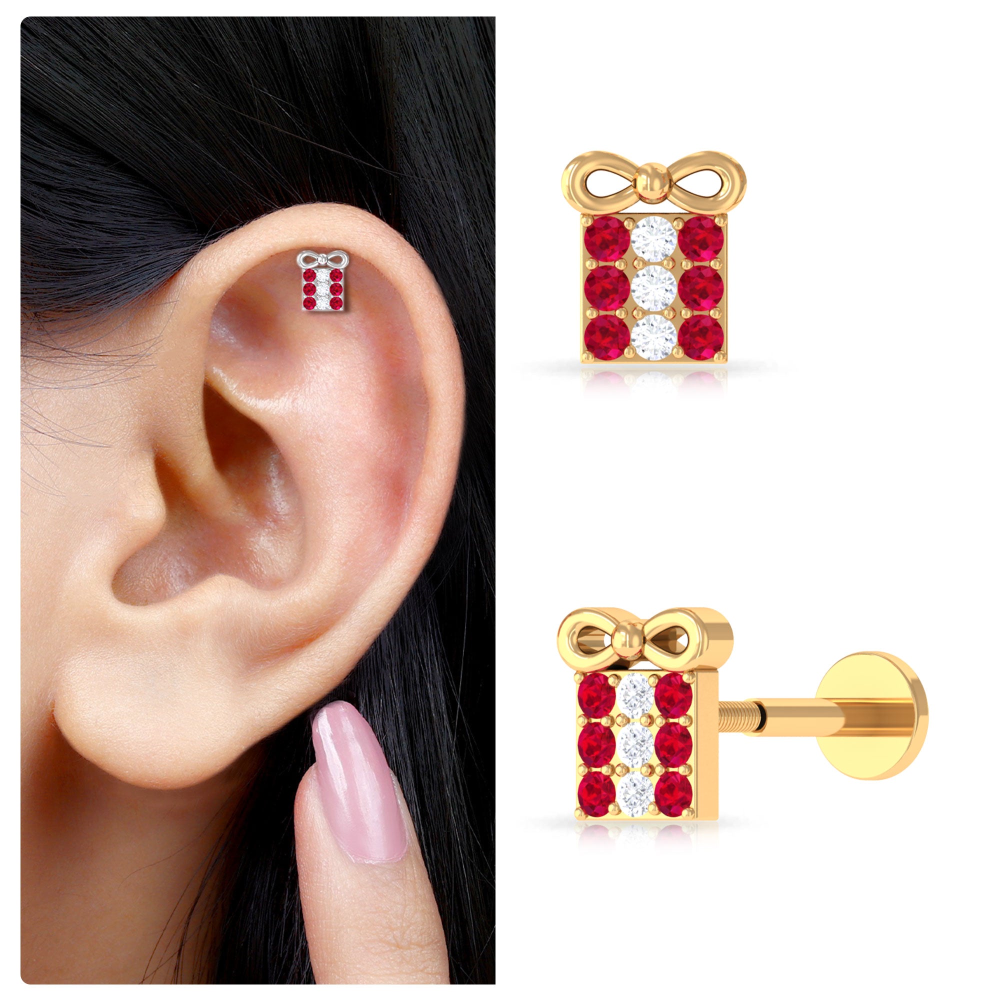 Rosec Jewels-Ruby Christmas Gift Box Earring with Diamond