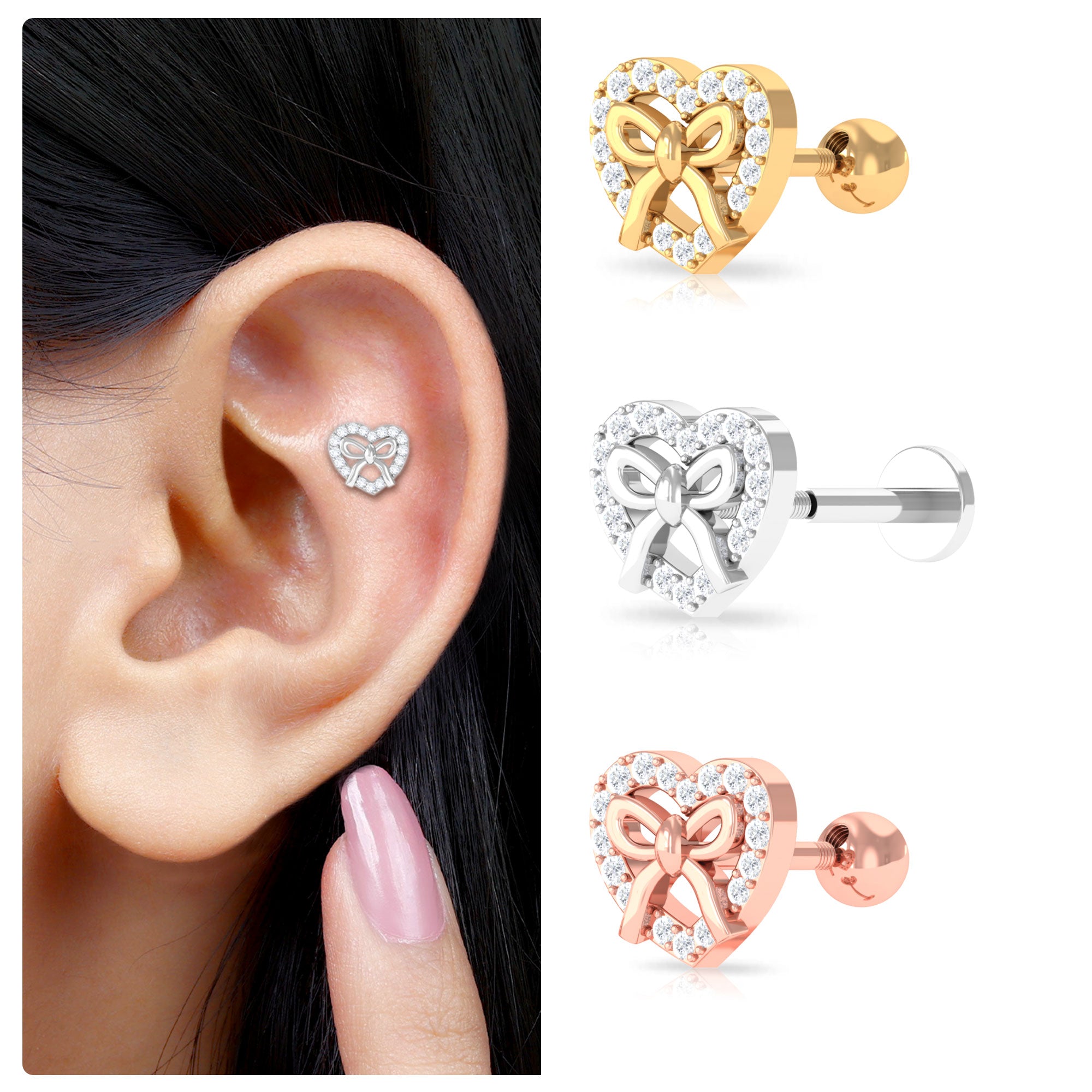 Rosec Jewels-Round Moissanite Cute Bow Heart Earring for Cartilage Piercing