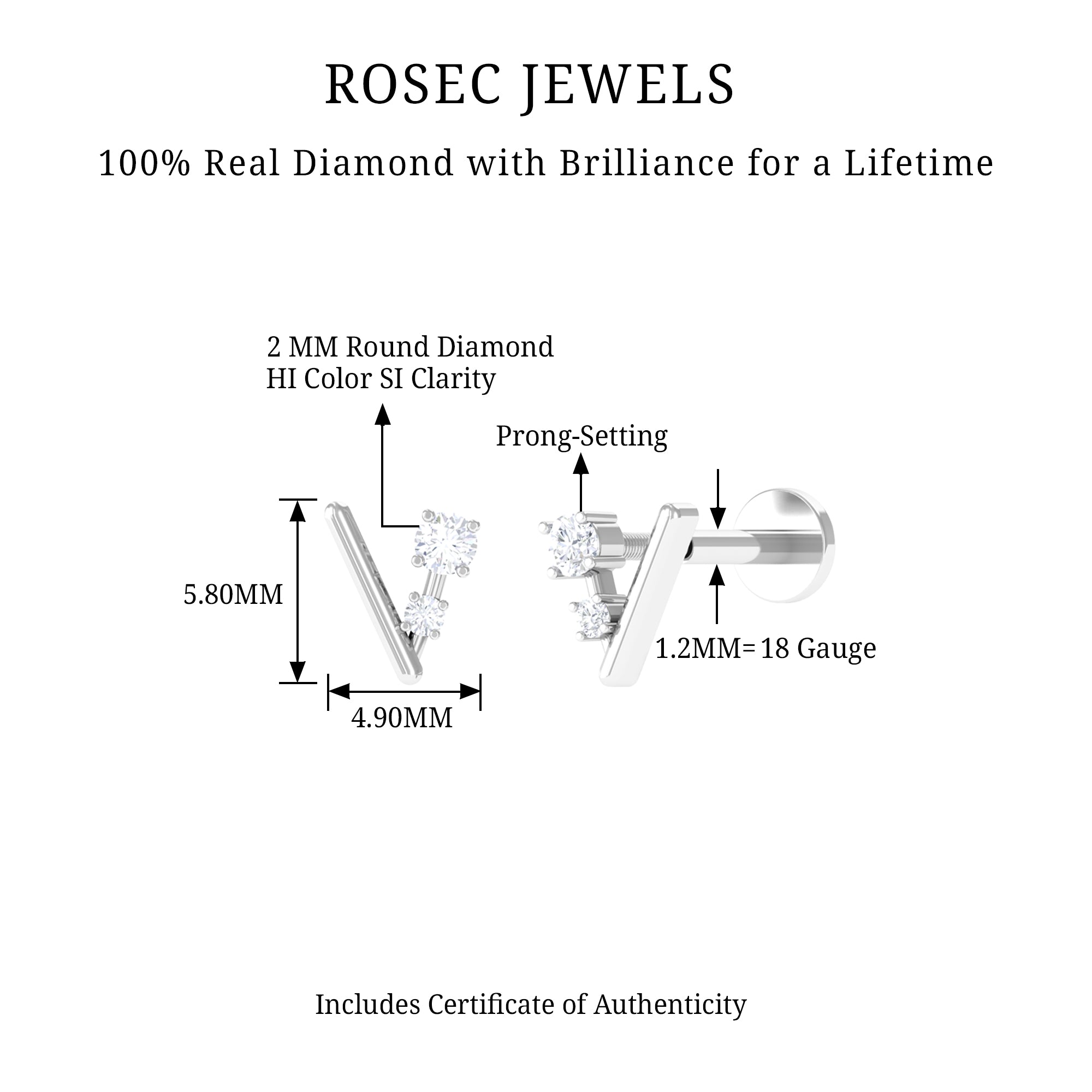 Rosec Jewels-Genuine Round Cut Diamond Tiny Chevron Earring