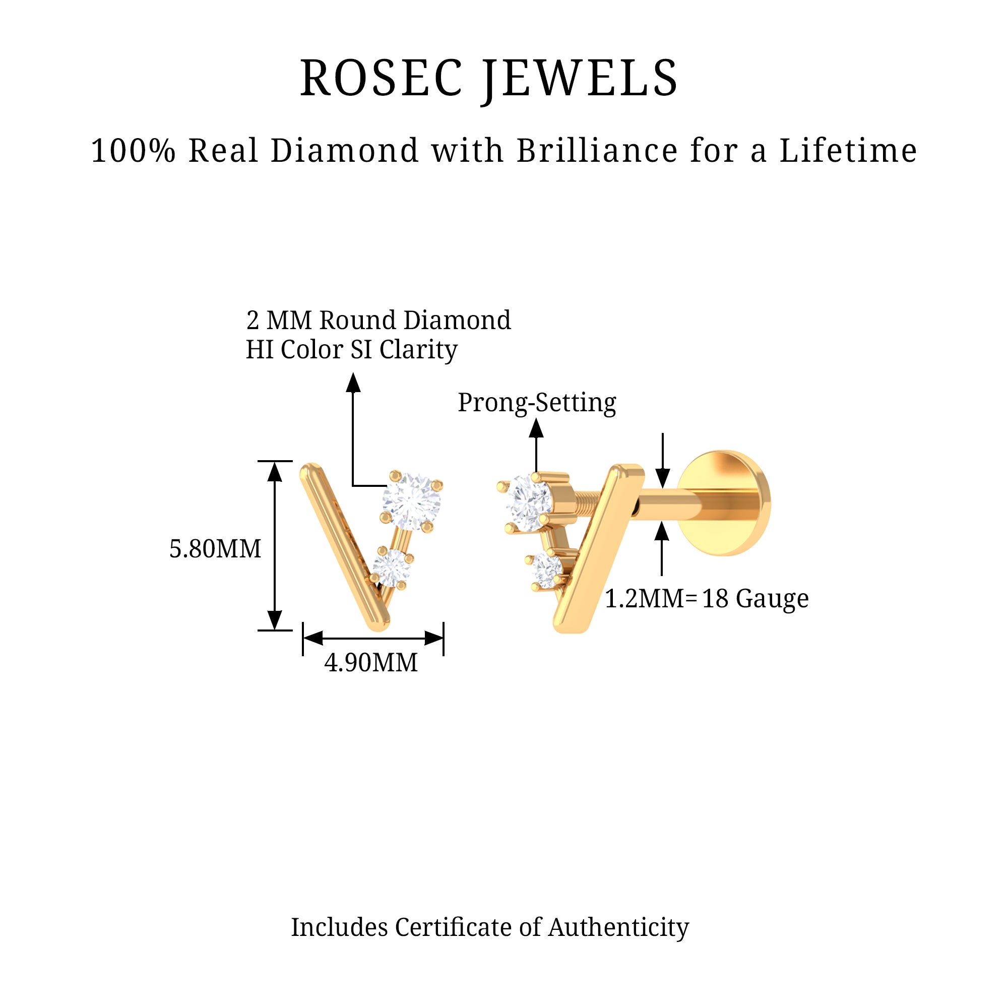 Rosec Jewels-Genuine Round Cut Diamond Tiny Chevron Earring