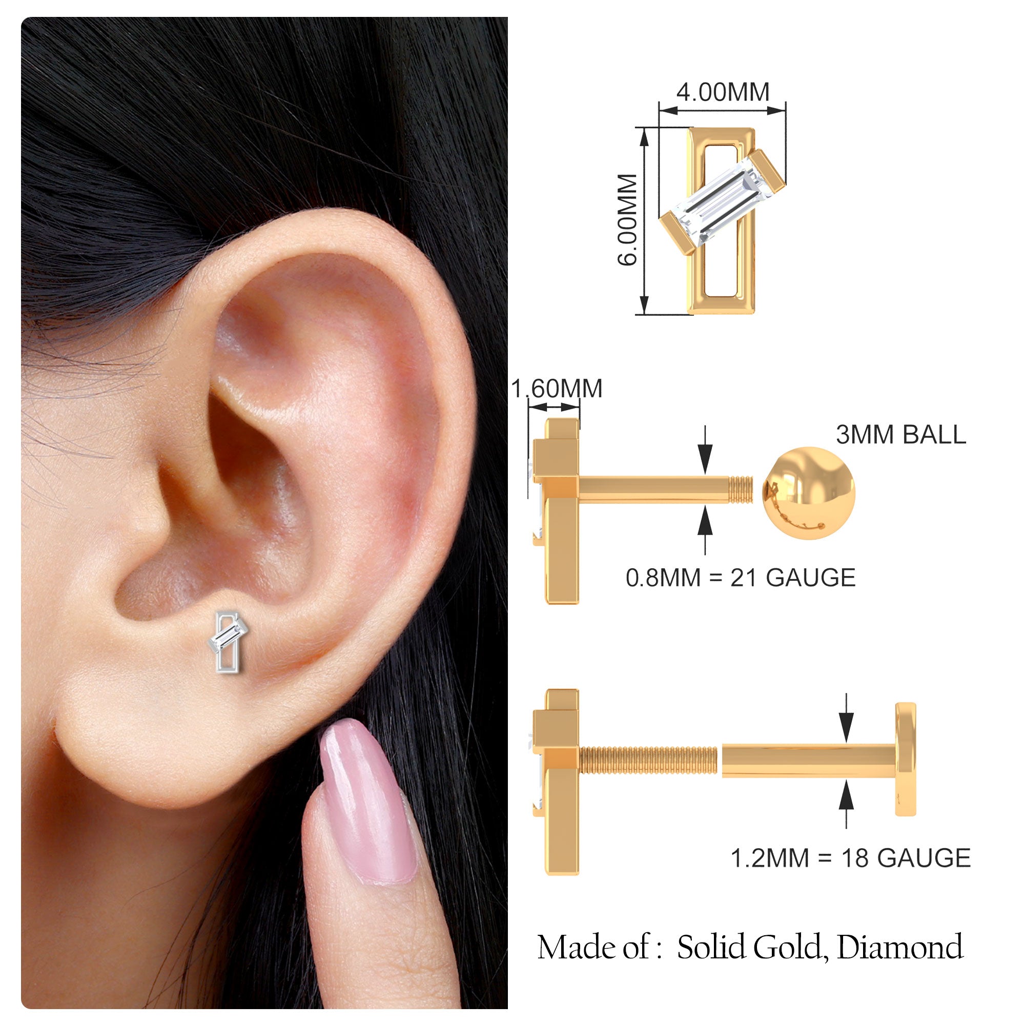 Rosec Jewels-Baguette Diamond Minimal Tragus Earring in Bar Setting