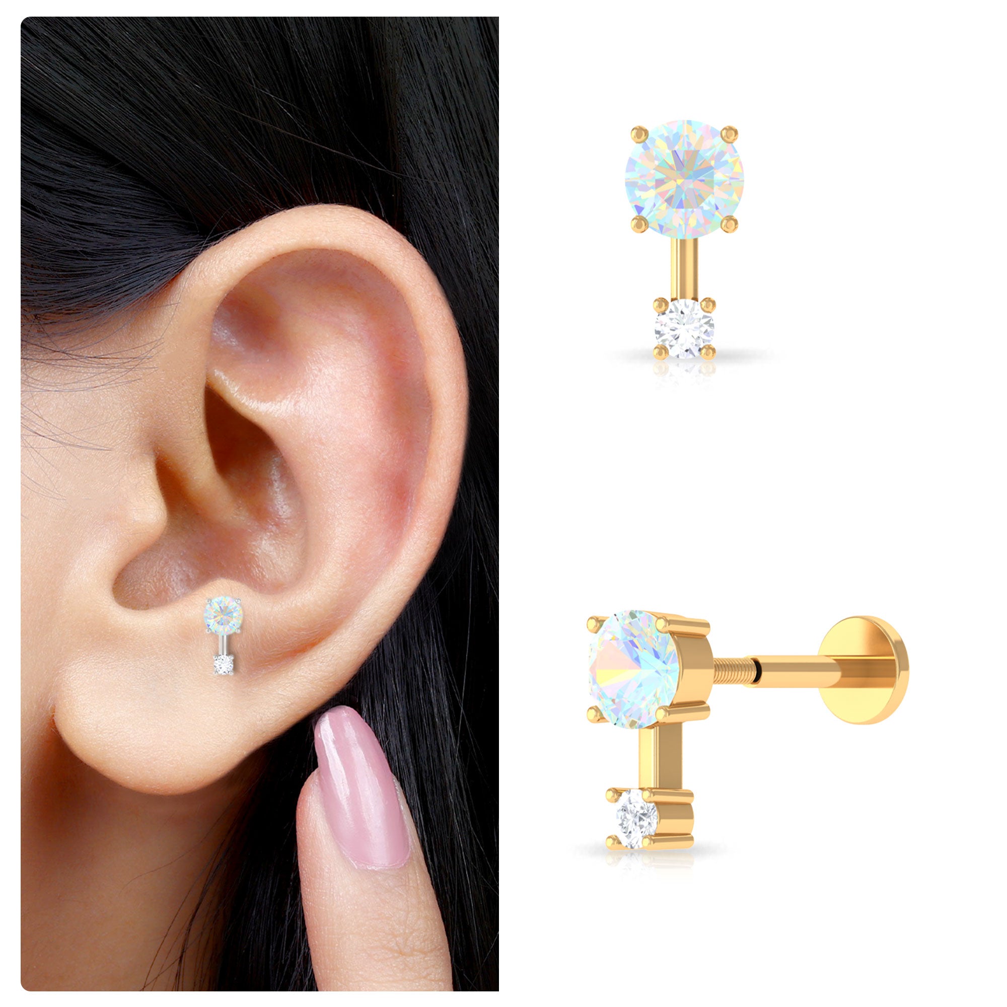 Rosec Jewels-Simple Ethiopian Opal and Diamond 2 Stone Tragus Earring