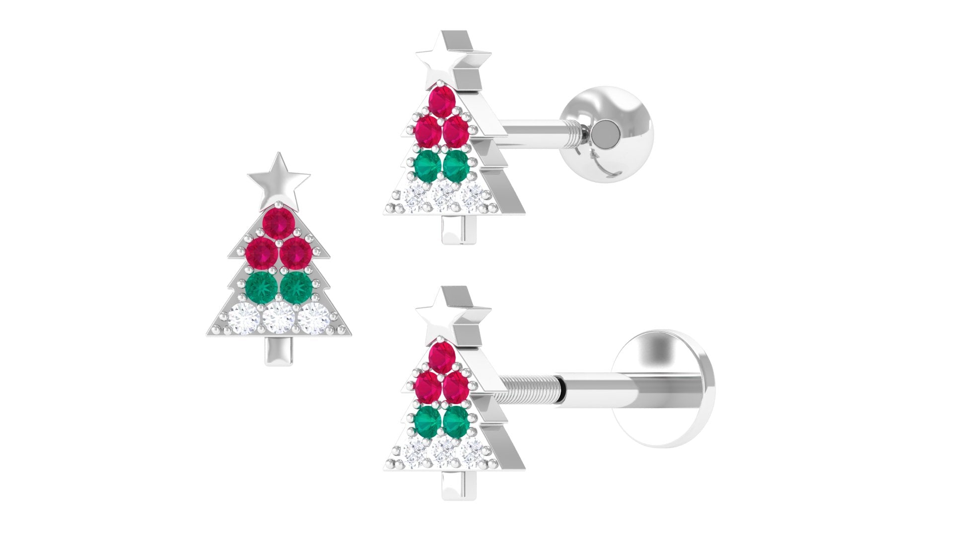 Rosec Jewels-Ruby and Emerald Christmas Tree Earring with Diamond