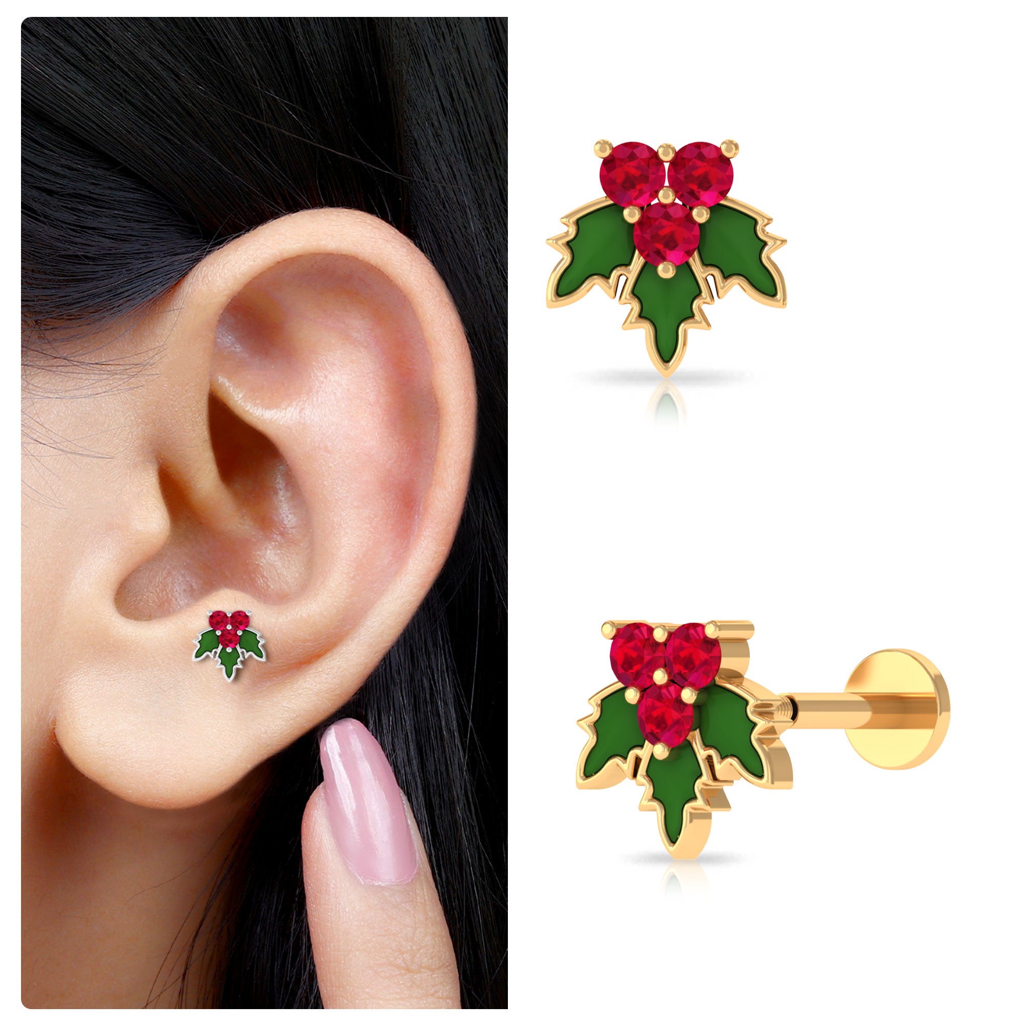 Rosec Jewels-Red Christmas Ruby Holy Earring with Green Enamel