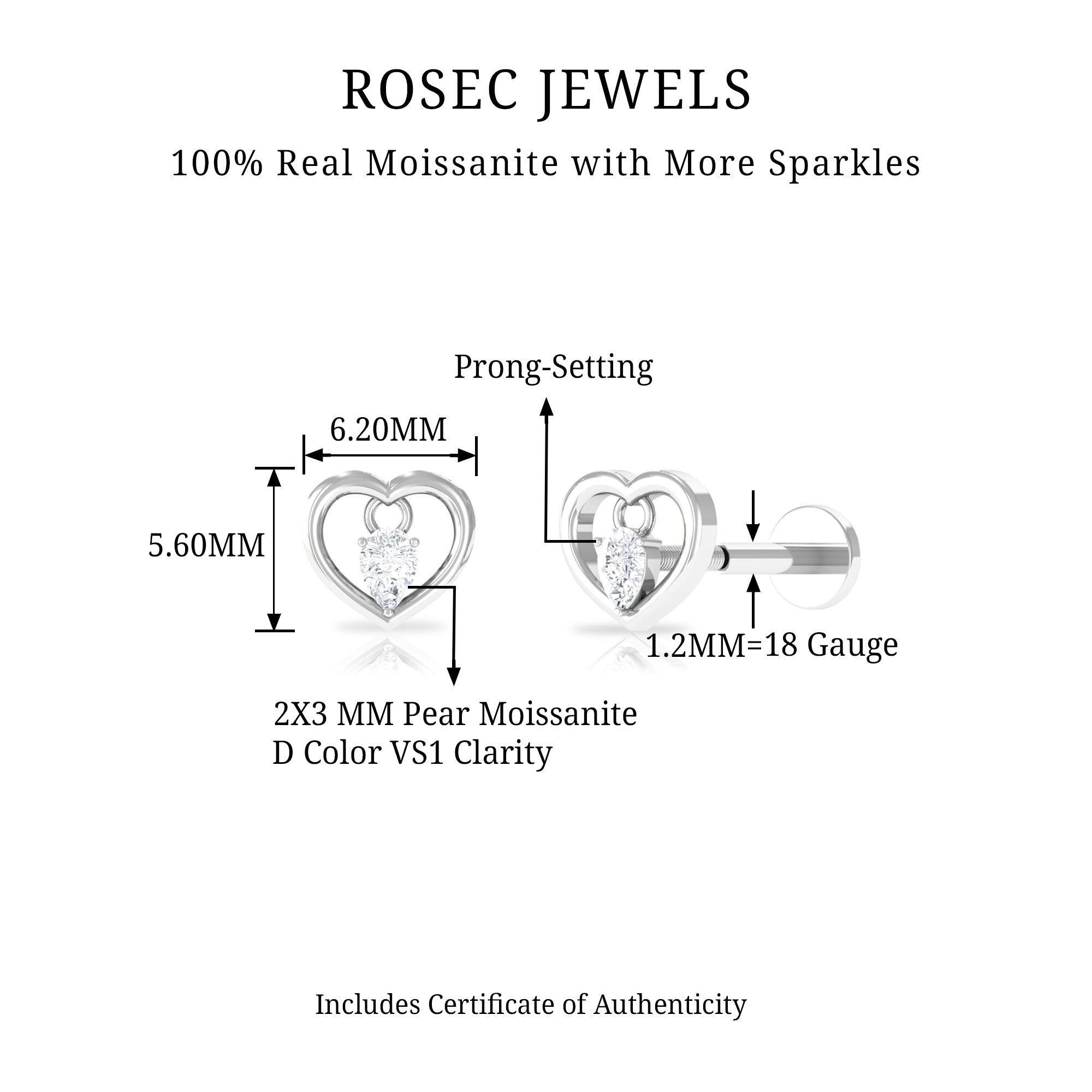 Rosec Jewels-Pear Moissanite Gold Heart Earring for Helix Piercing