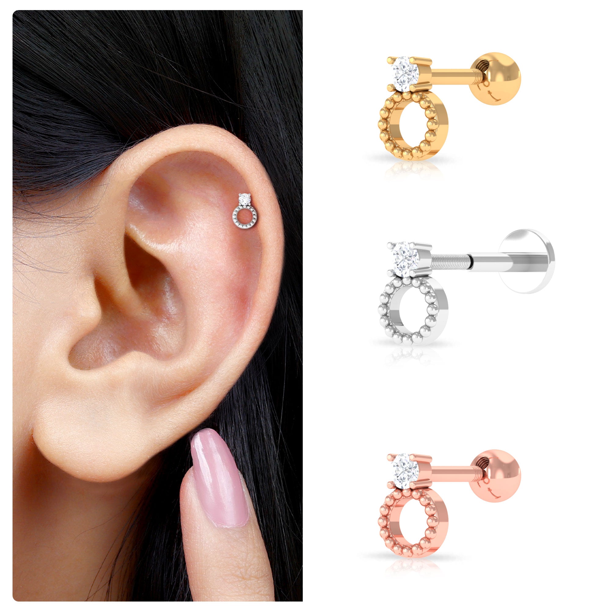 Rosec Jewels-Round Diamond Gold Beaded Open Circle Tragus Earring