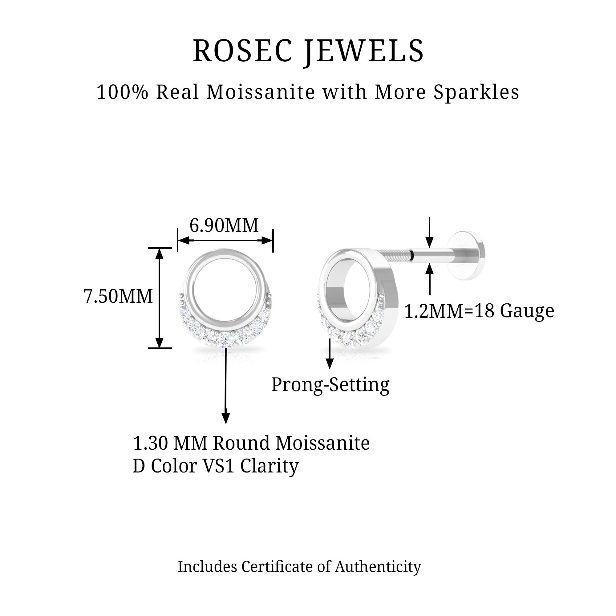 Rosec Jewels-Moissanite Open Circle Minimal Earring for Cartilage Piercing