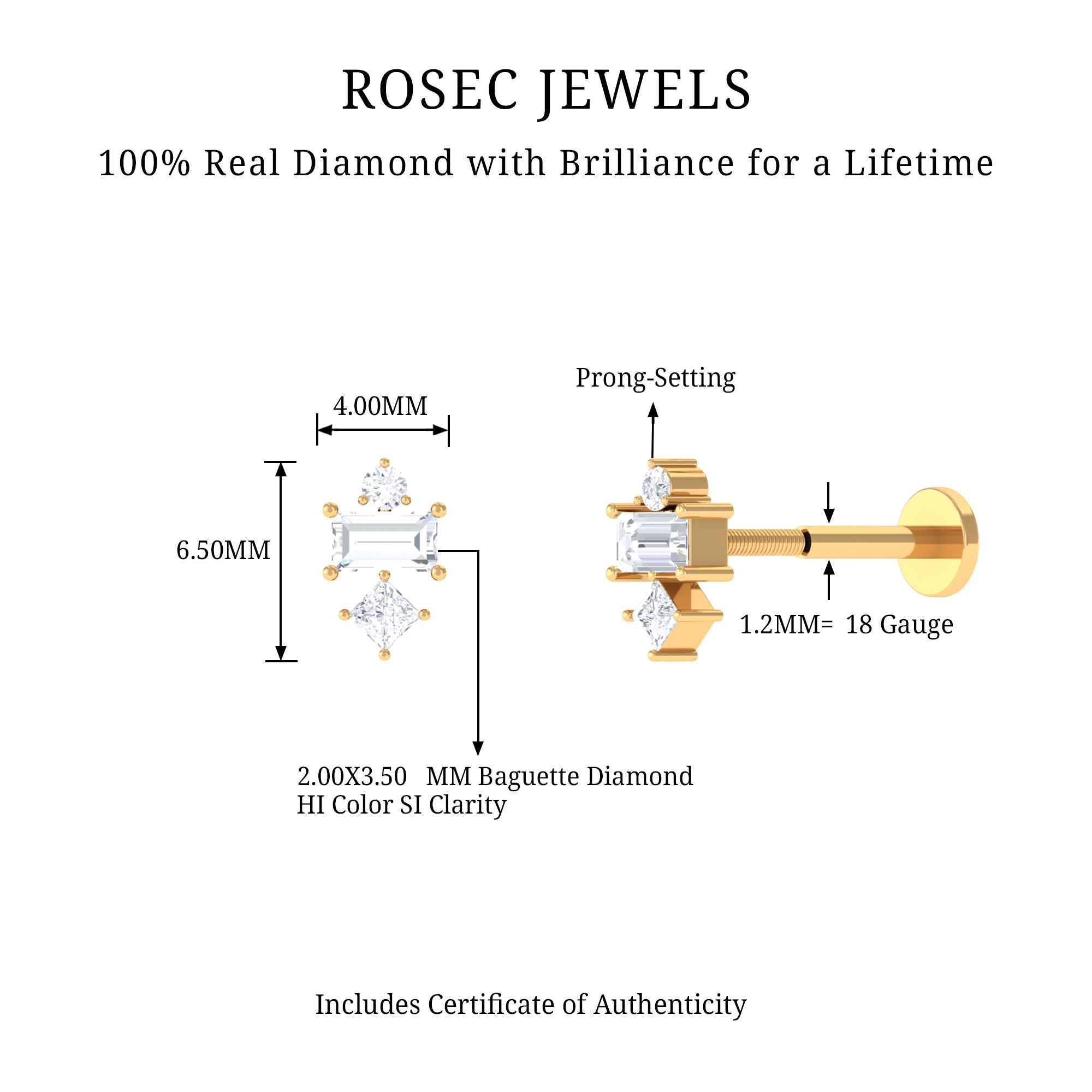 Rosec Jewels-Genuine Diamond Three Stone Earring for Tragus Piercing