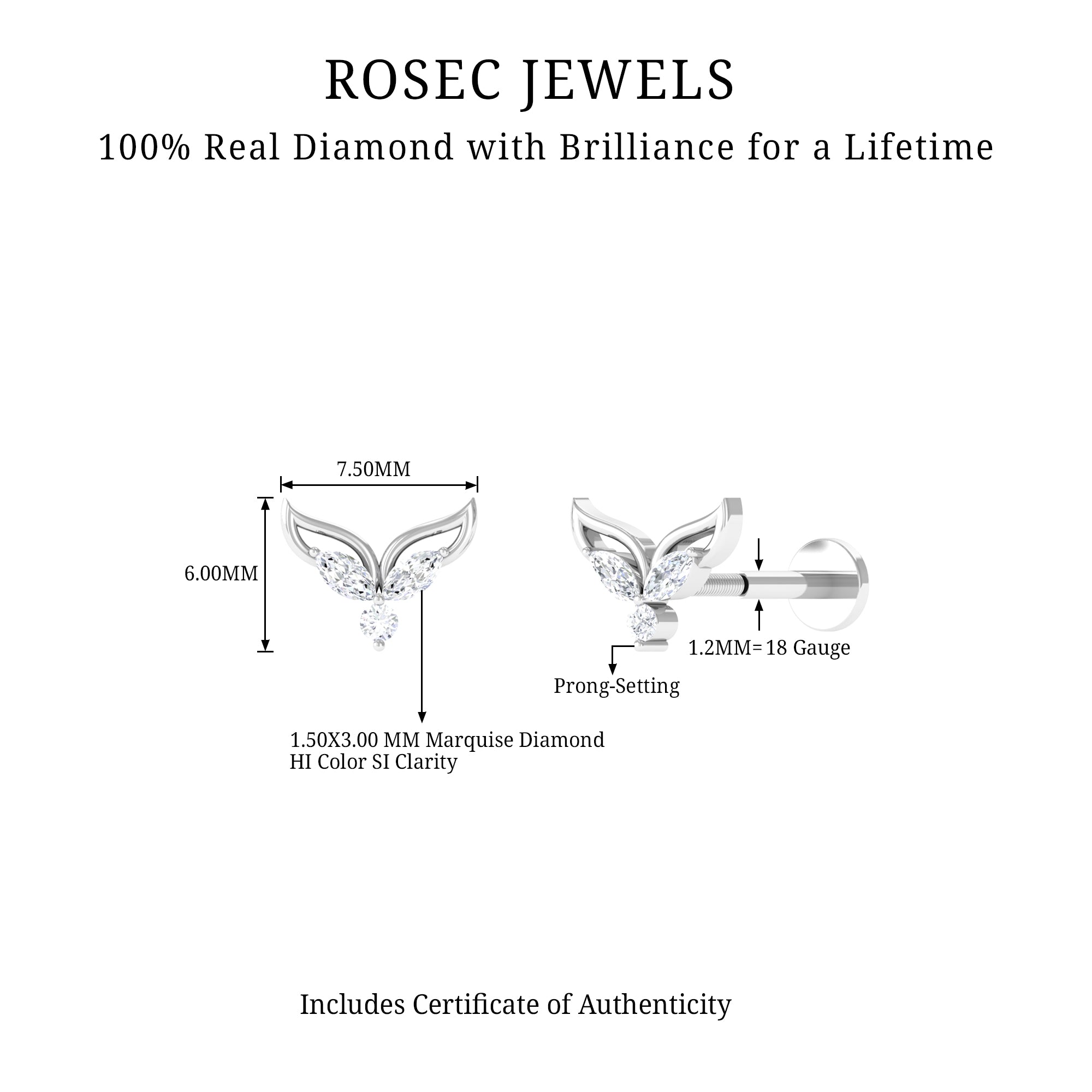 Rosec Jewels-Marquise Diamond Leaf Earring for Cartilage Piercing