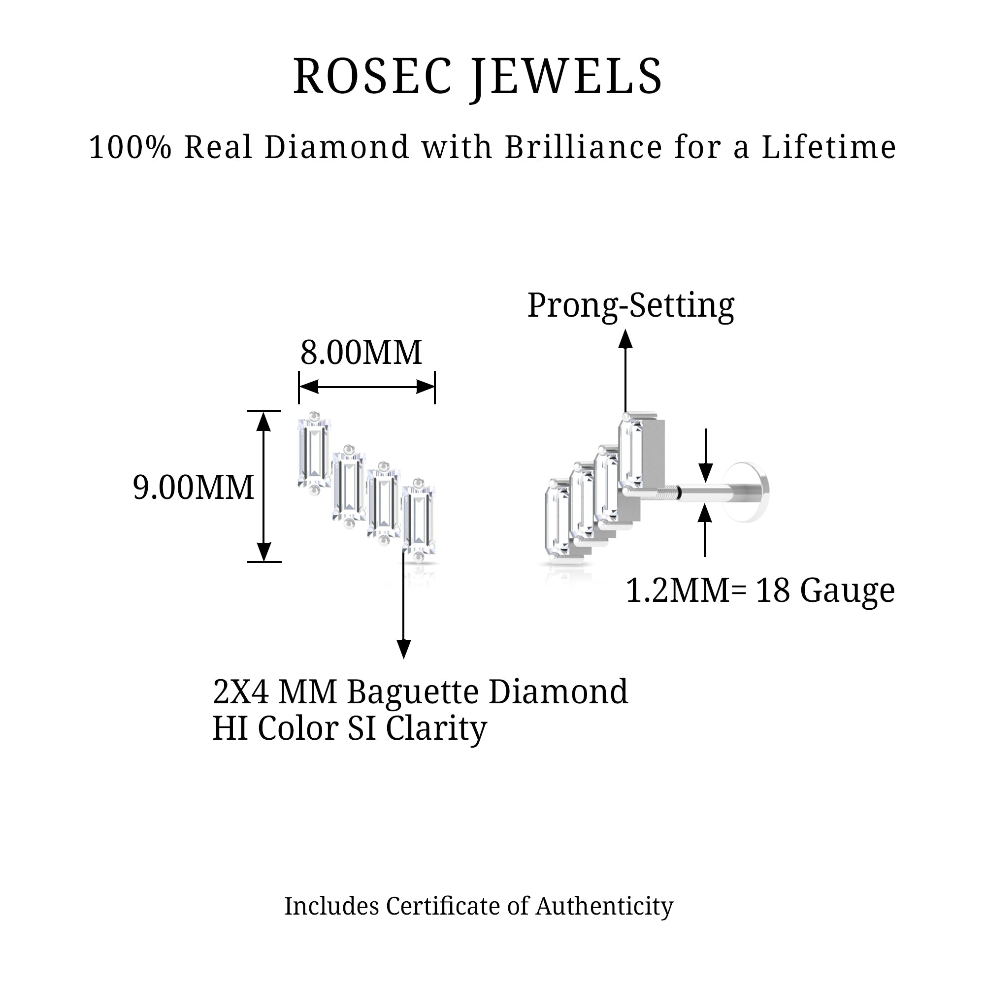 Rosec Jewels-Baguette Diamond Helix Earring with Flat Back