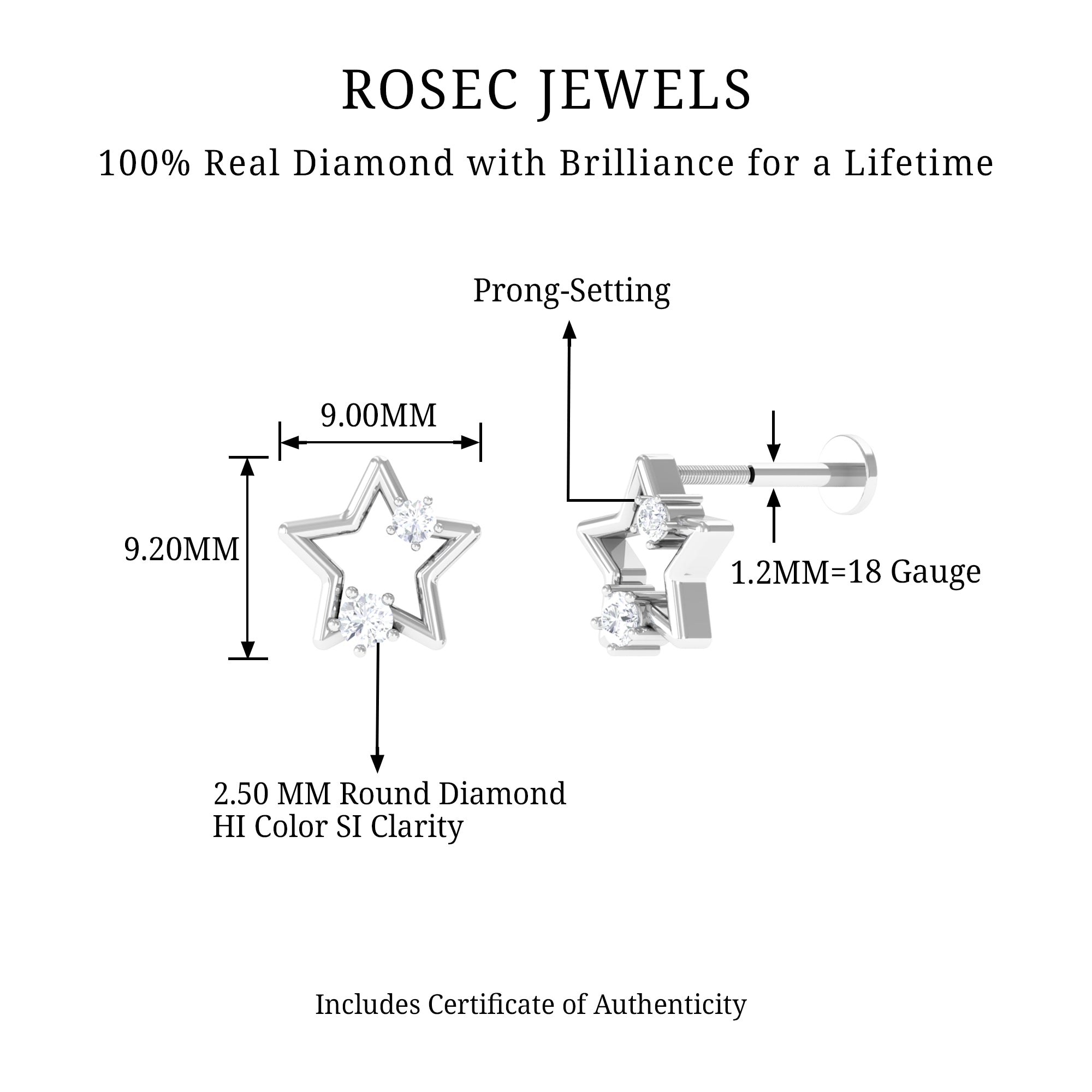 Rosec Jewels-Natural Diamond Star Earring for Upper Lobe Piercing