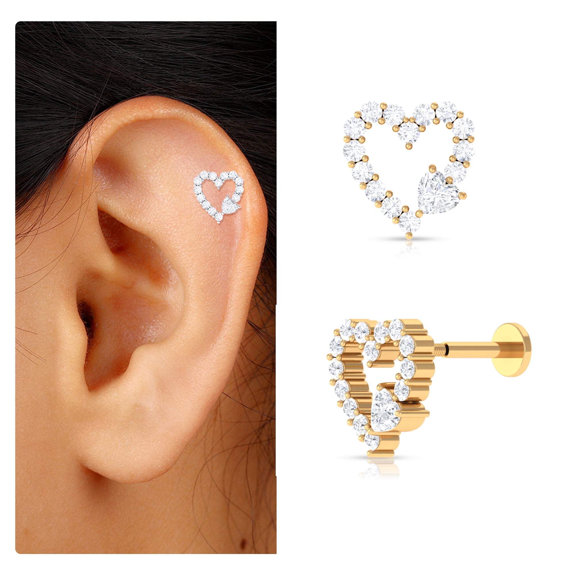 Rosec Jewels-Natural Diamond Open Heart Earring for Second Hole Piercing