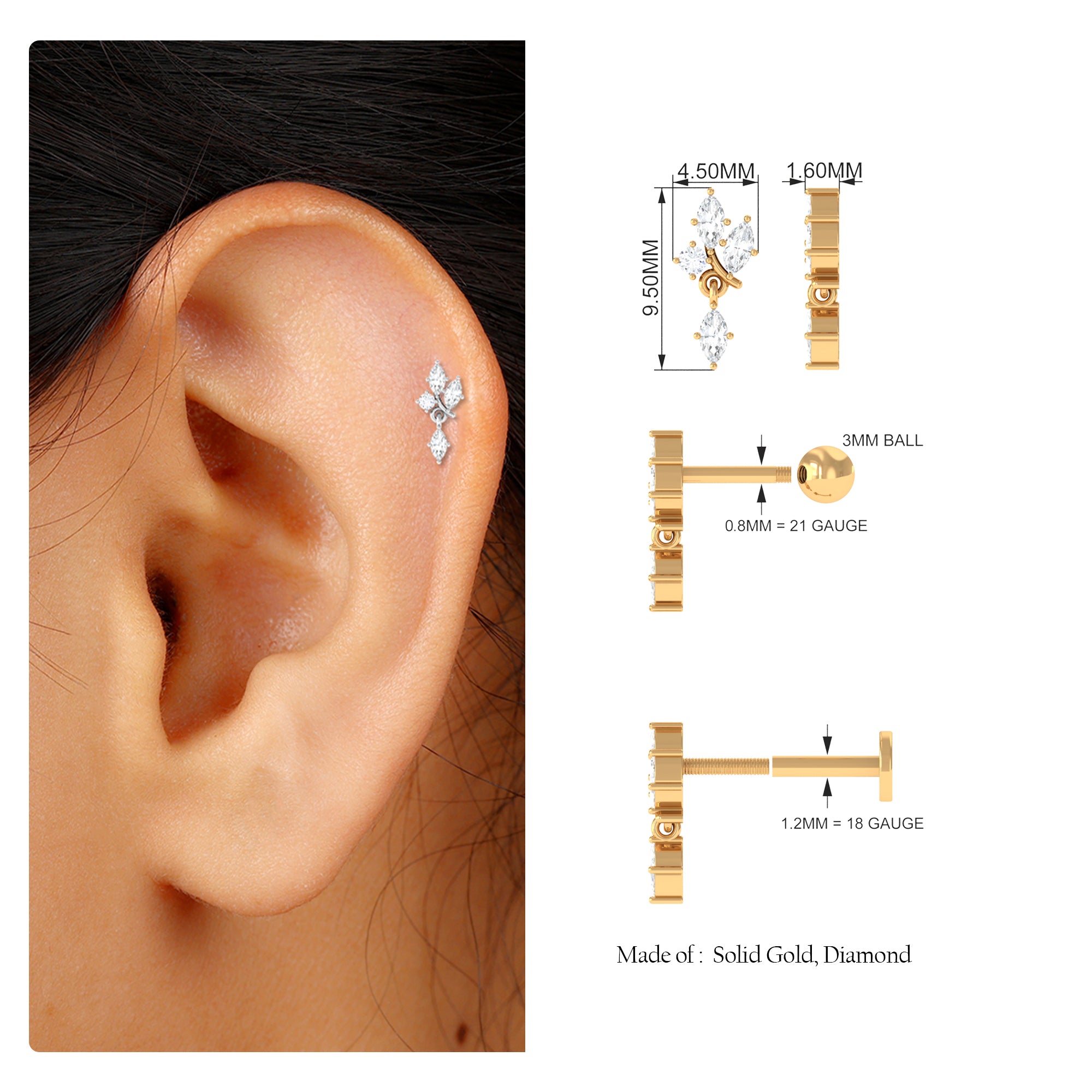 Rosec Jewels-Marquise Moissanite Gold Cartilage Dangle Earring