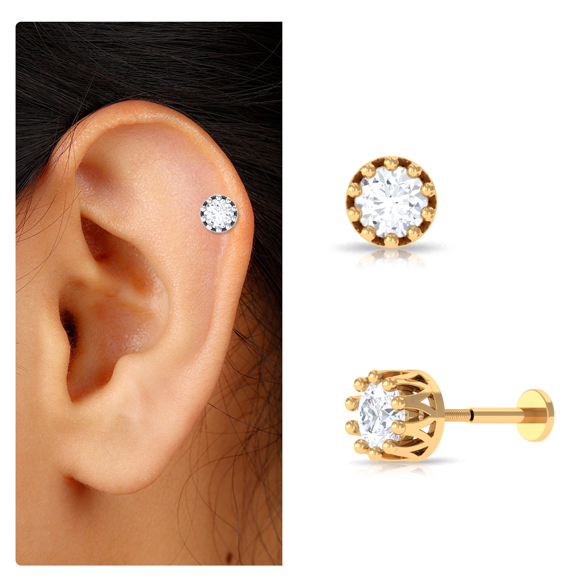 Rosec Jewels-Round Moissanite Crown Earring for Upper Lobe Piercing