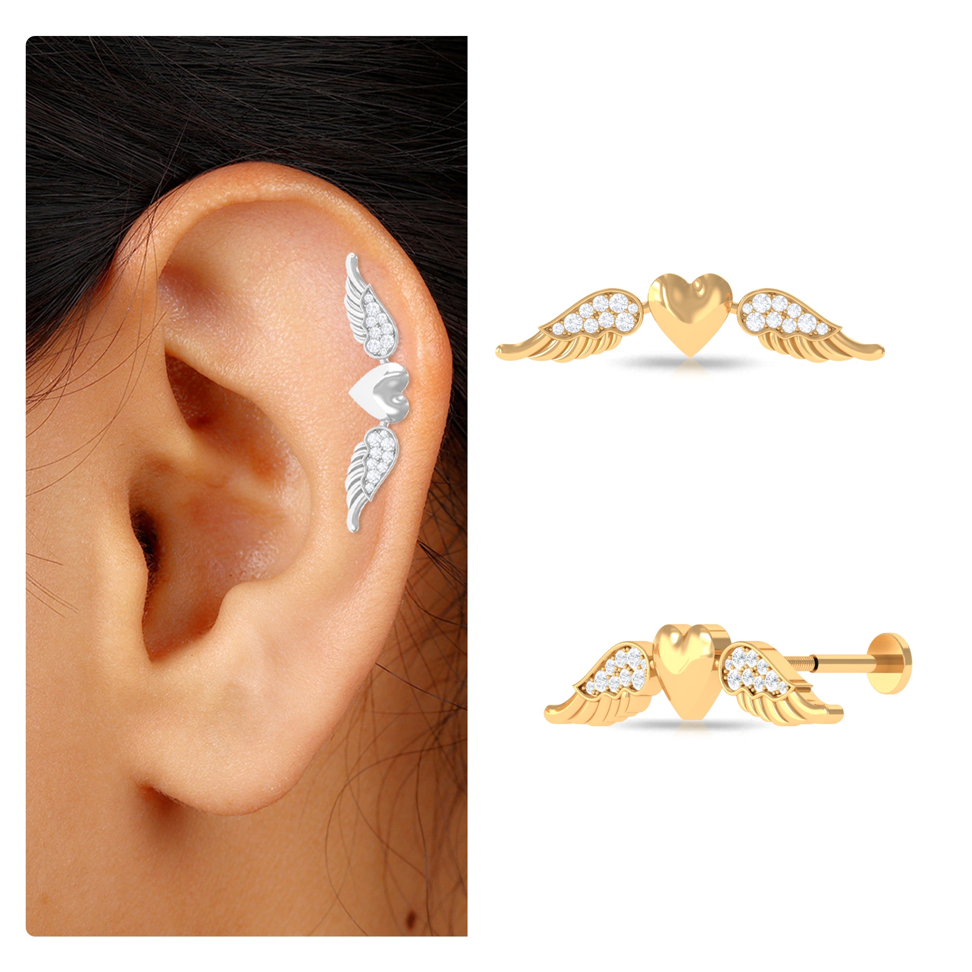 Rosec Jewels-Moissanite Heart Wing Climber Earring for Cartilage Piercing