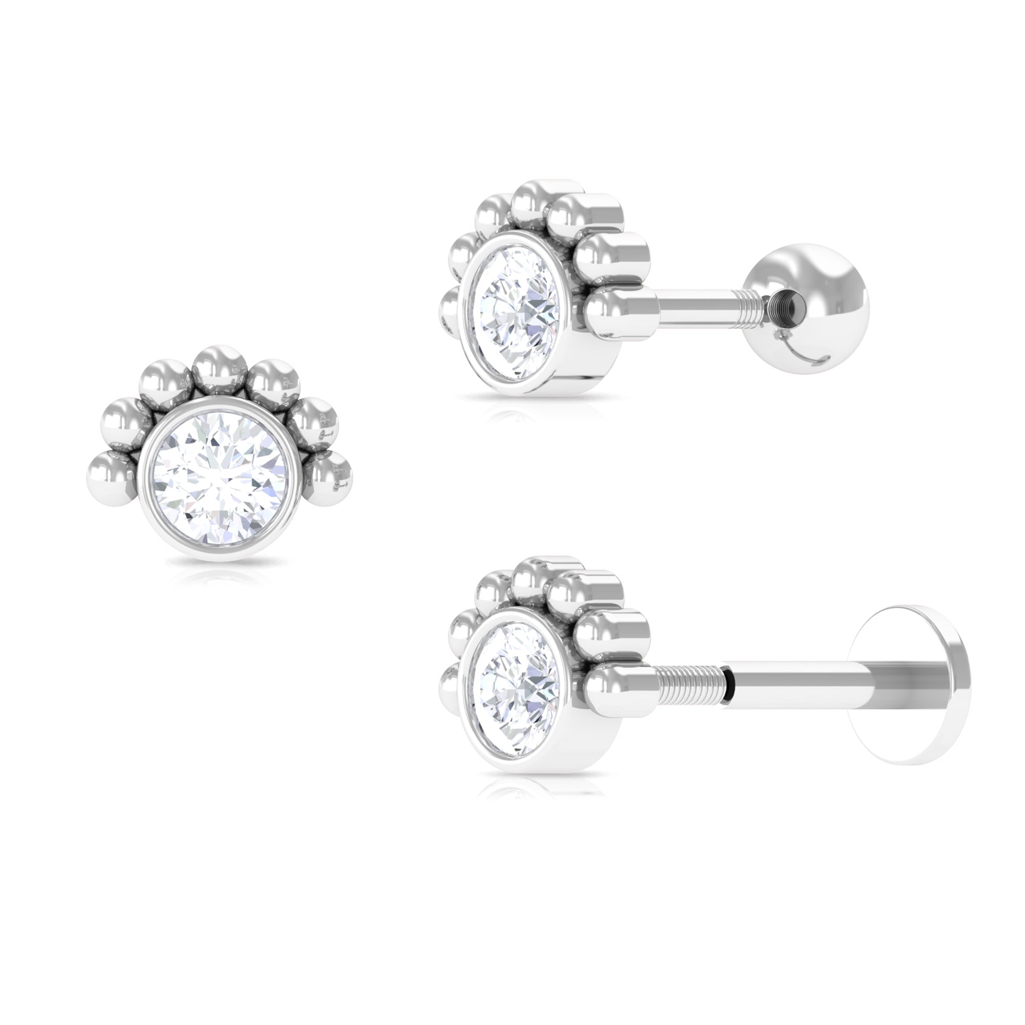 Rosec Jewels-Round Moissanite Tragus Earring in Beaded Bezel Setting