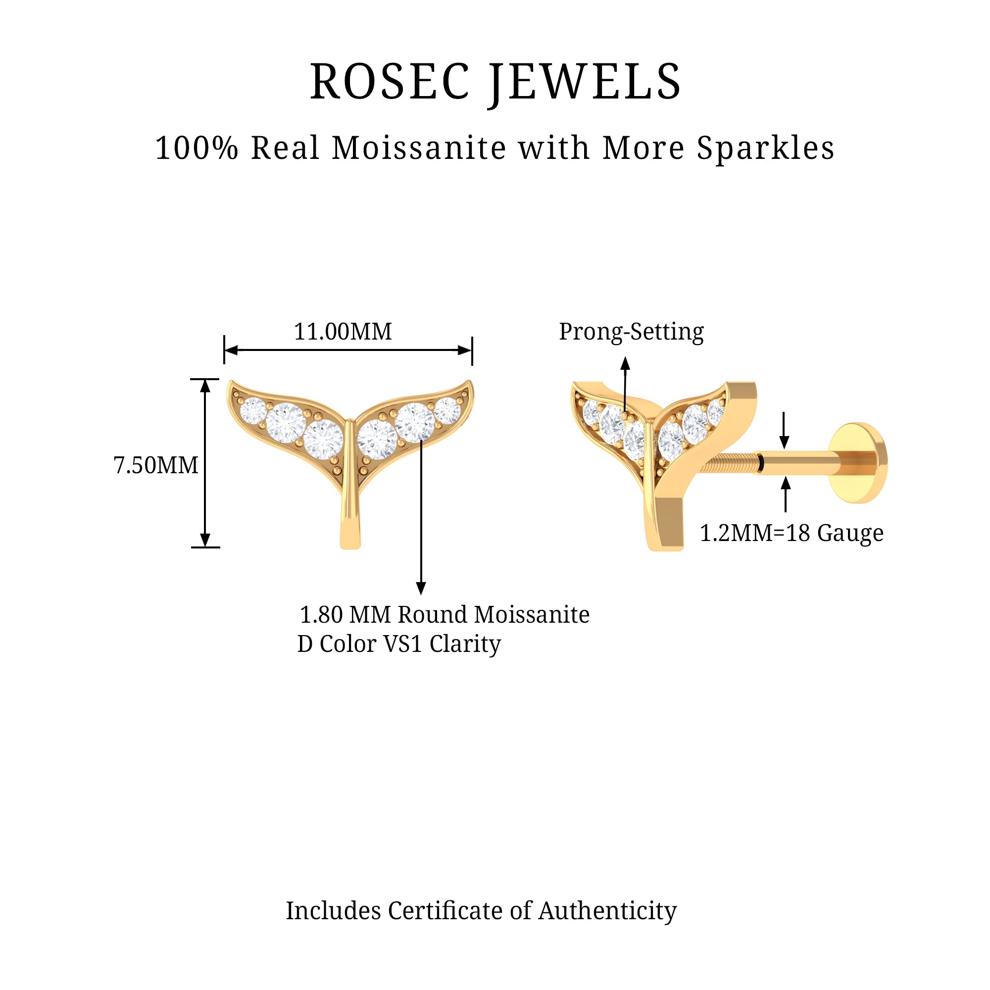 Rosec Jewels-Moissanite Whale Tail Earring for Cartilage Piercing