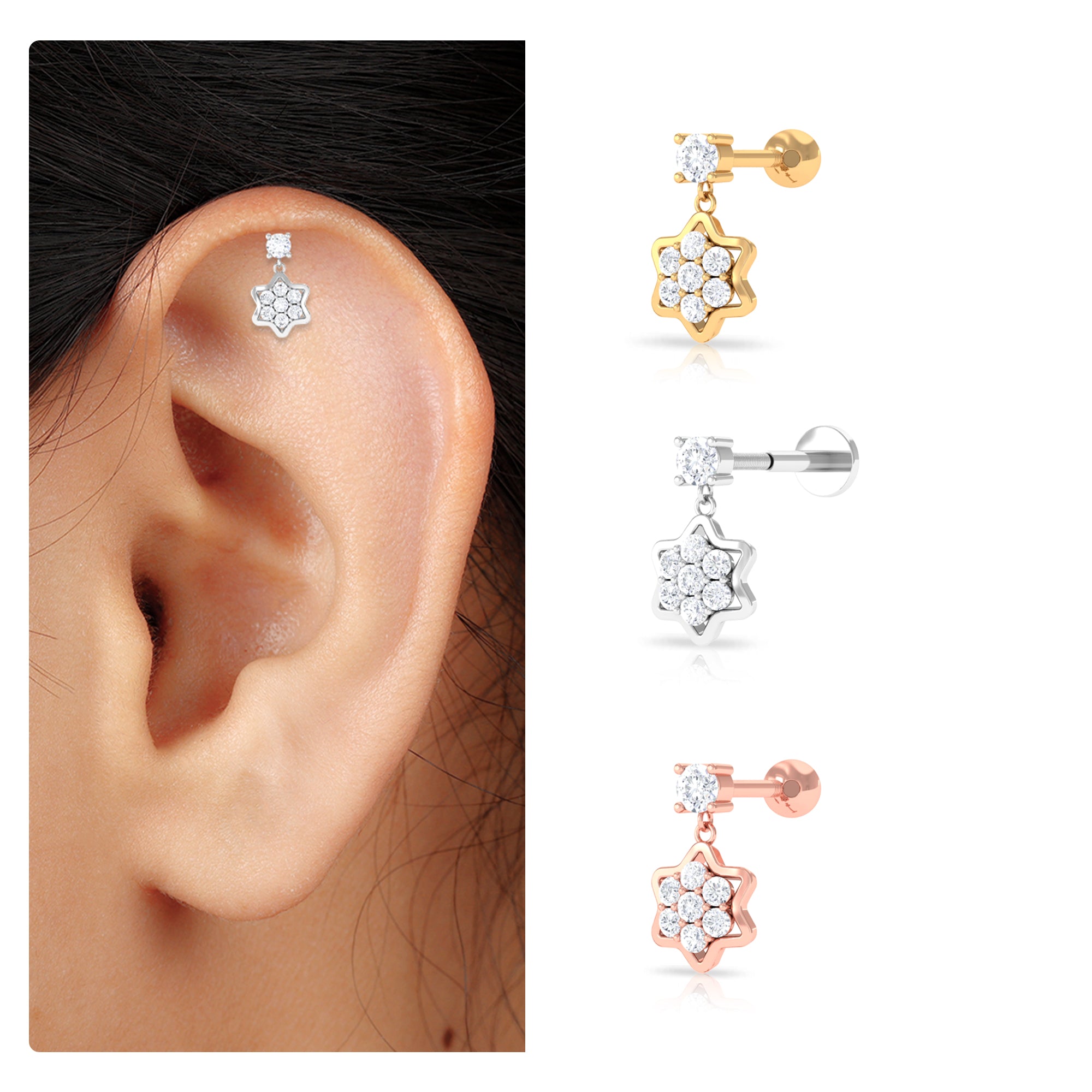 Rosec Jewels-Moissanite Flower Dangly Earring for Helix Piercing