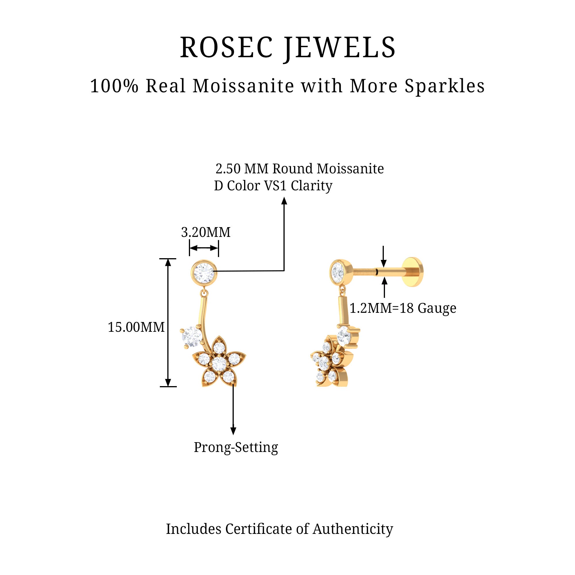 Rosec Jewels-Round Moissanite Flower Drop Cartilage Earring