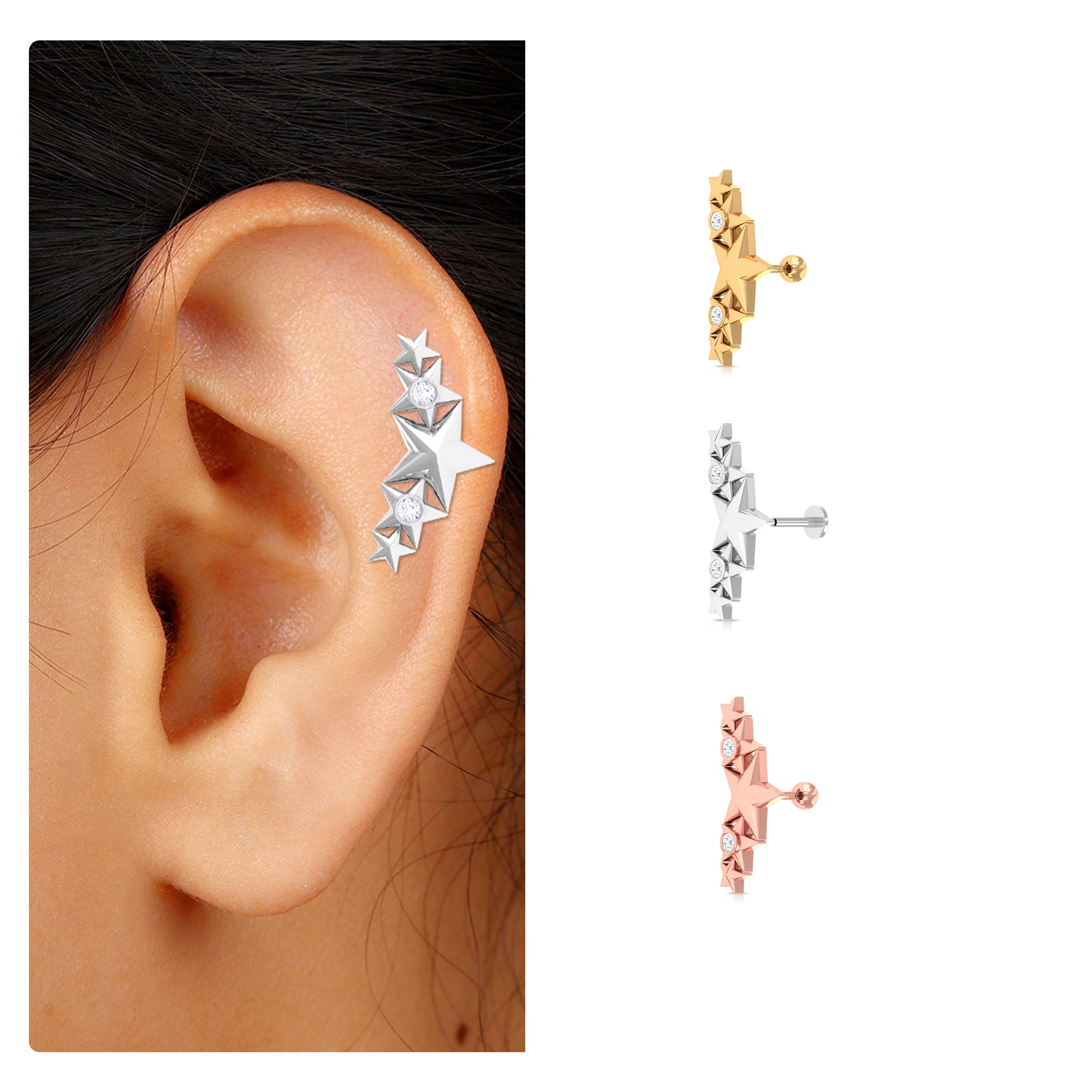 Rosec Jewels-Unique Moissanite Gold Star Ear Crawler Cartilage Earring