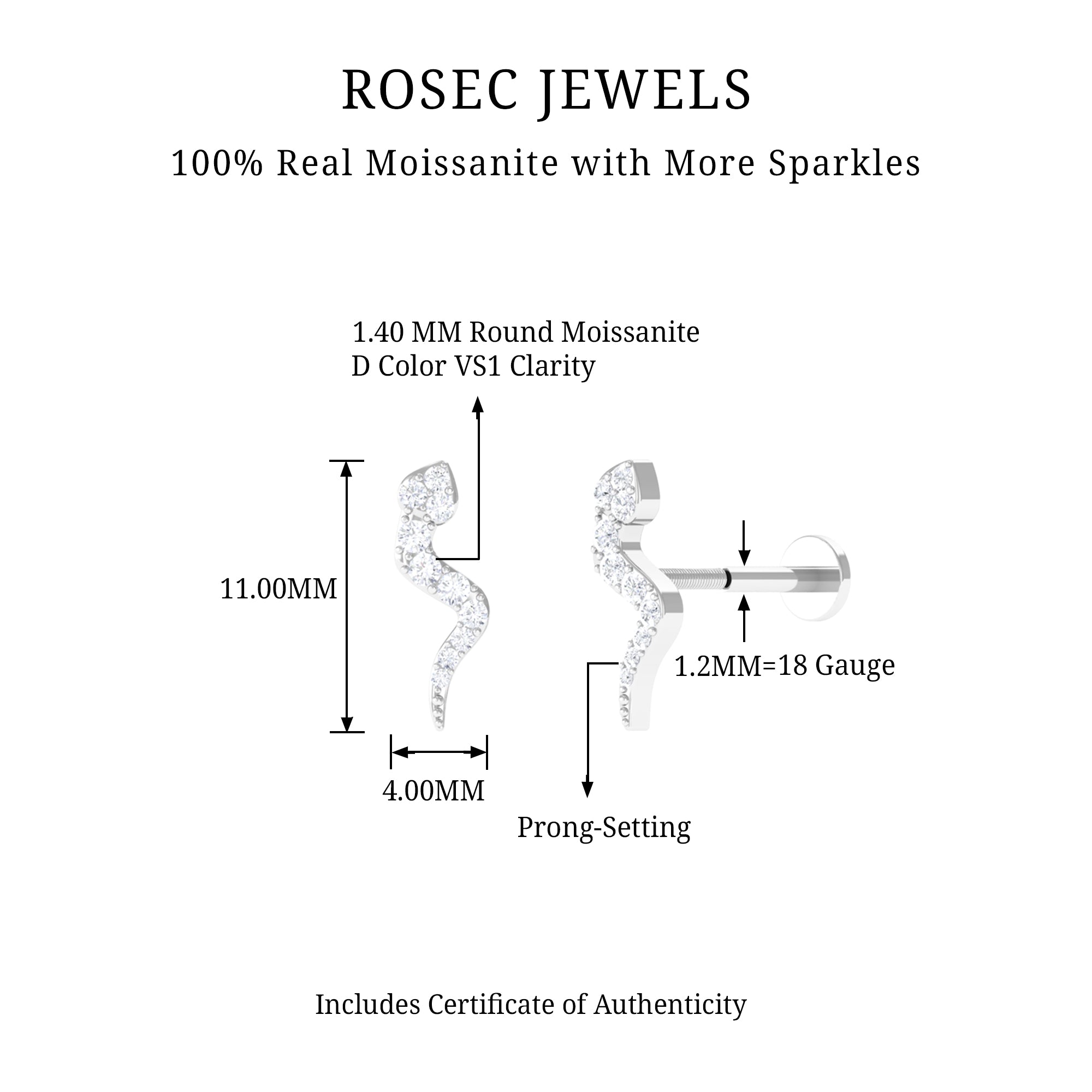 Rosec Jewels-Genuine Moissanite Snake Earring for Cartilage Piercing