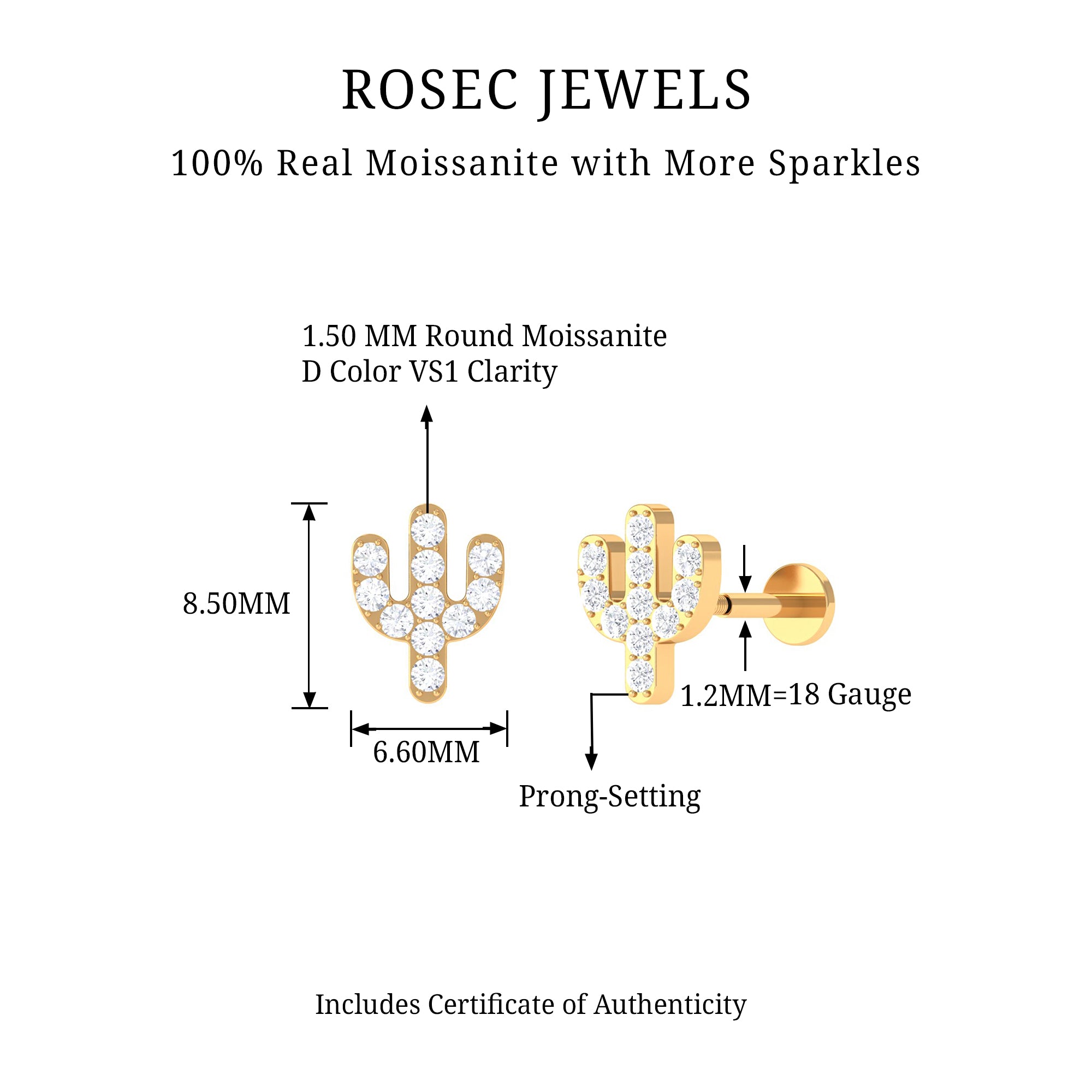 Rosec Jewels-Moissanite Gold Cactus Cartilage Earring