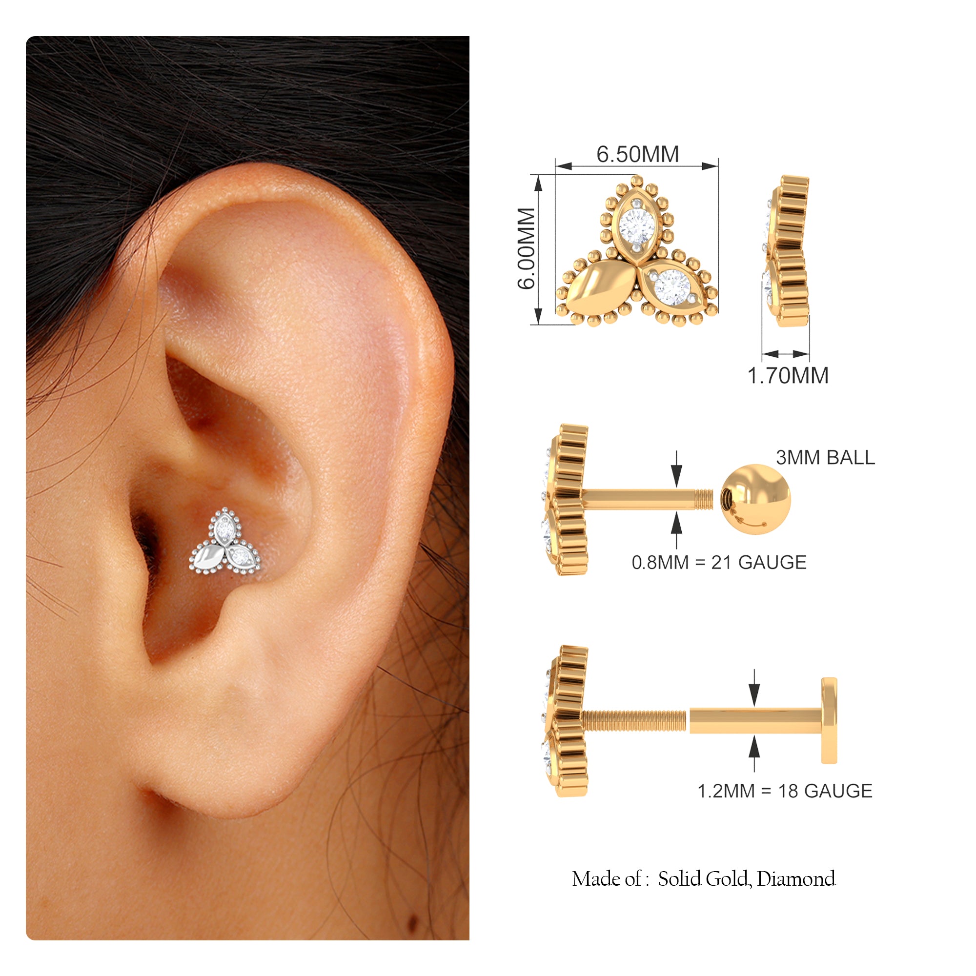 Rosec Jewels-Natural Diamond Leaf Earring for Helix Piercing