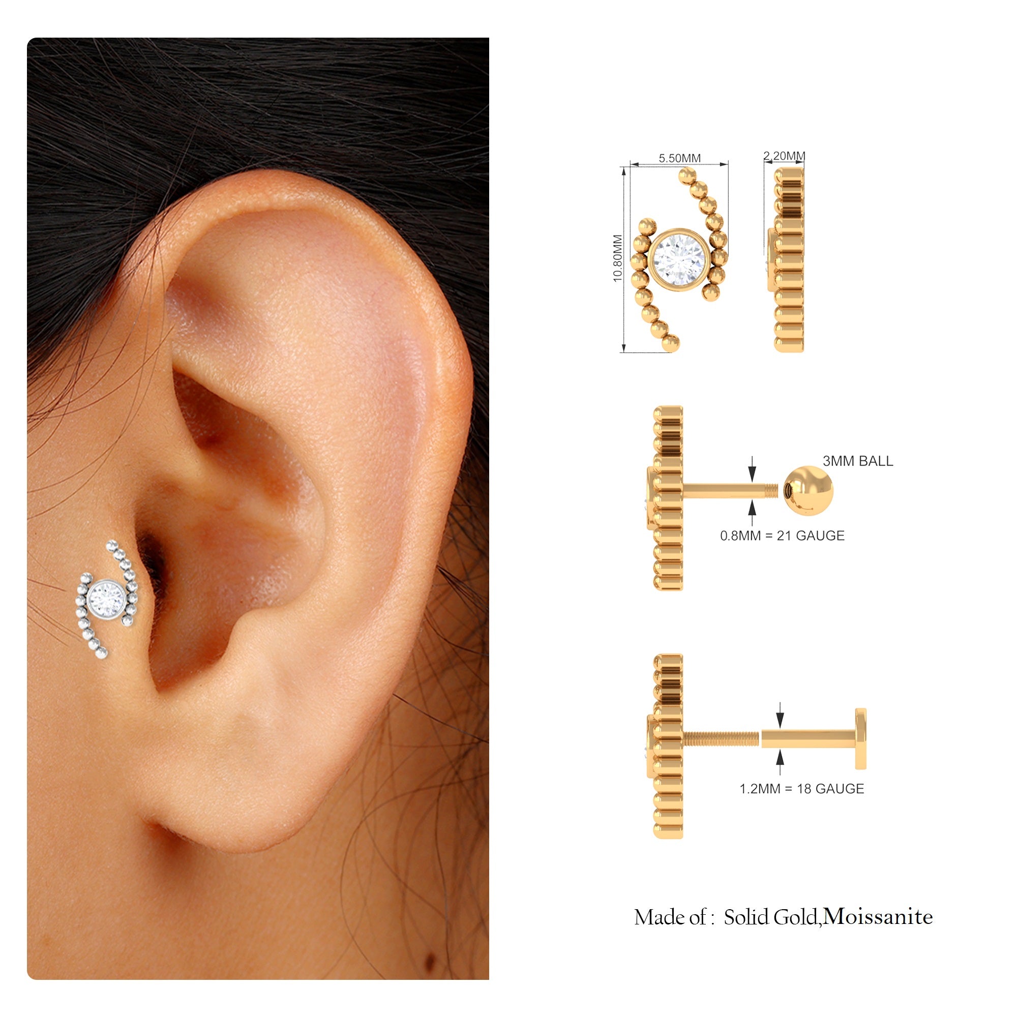 Rosec Jewels-Round Moissanite Cartilage Earring with Gold Beads