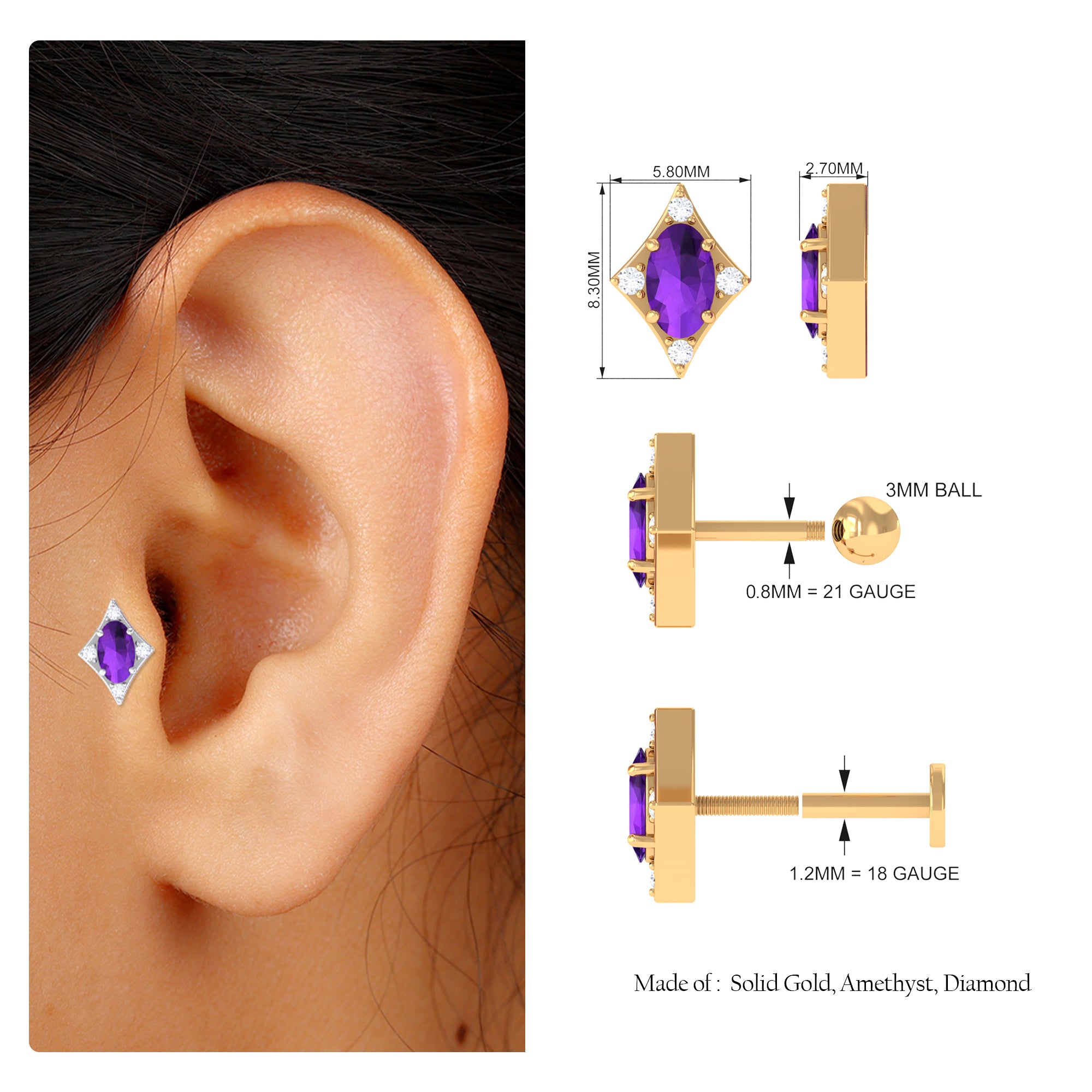 Rosec Jewels-Oval Natural Amethyst Geometric Tragus Earring with Moissanite