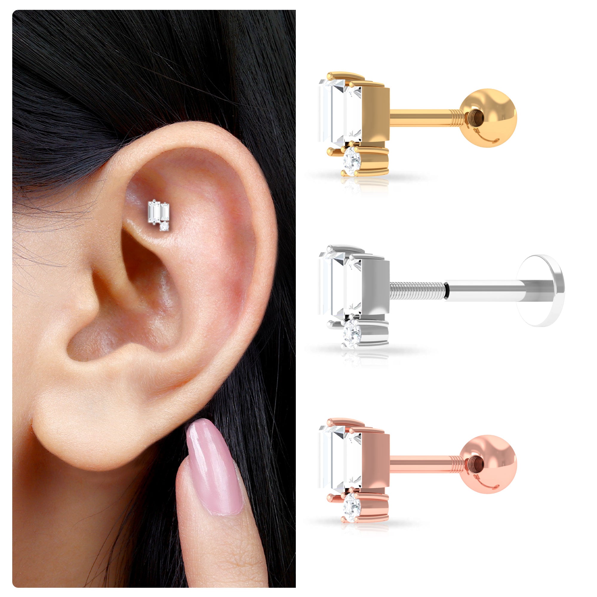 Rosec Jewels-Minimalist Baguette Moissanite Earring for Conch Piercing