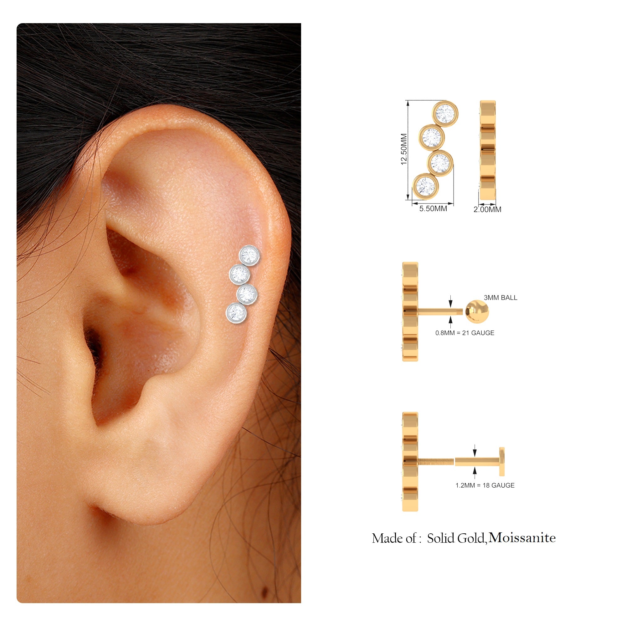 Rosec Jewels-Round Moissanite Crawler Earring for Cartilage Piercing