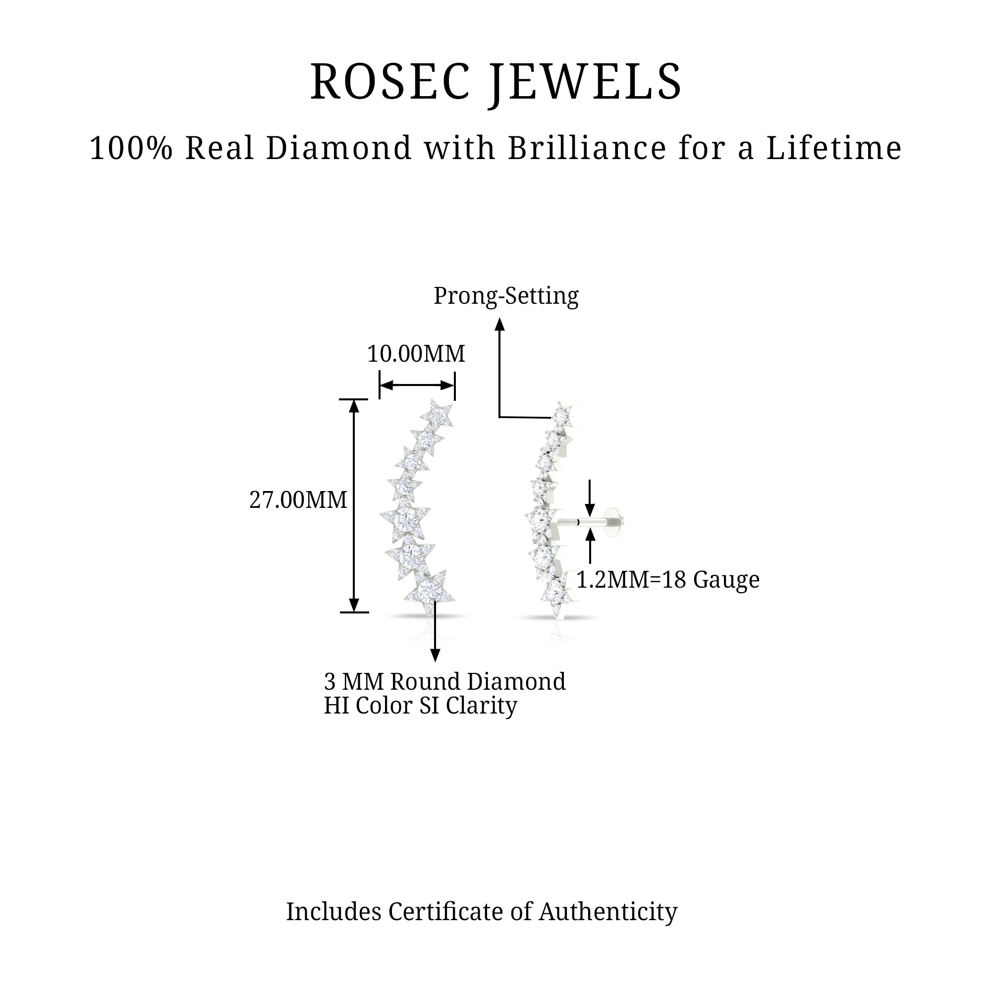 Rosec Jewels-Graduated Diamond Star Crawler Earring for Helix Piercing