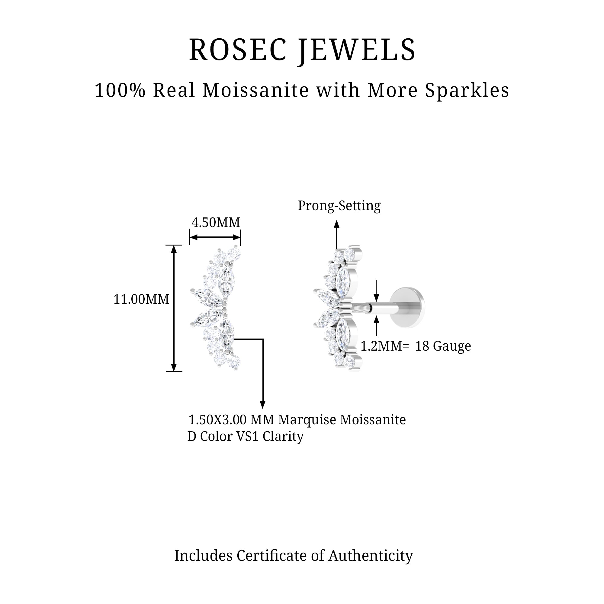 Rosec Jewels-Certified Moissanite Cluster Crawler Earring for Helix Piercing