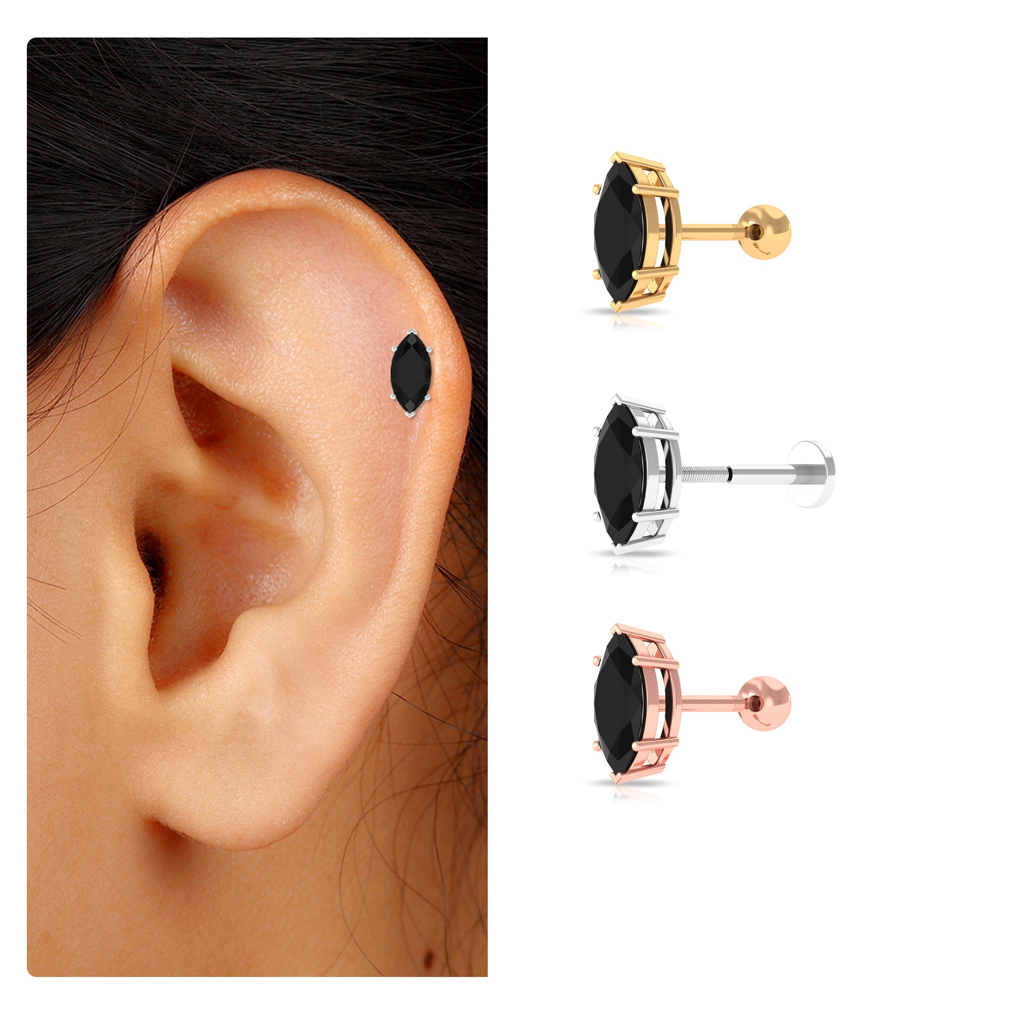 Rosec Jewels-Marquise Black Spinel Simple Solitaire Cartilage Earring