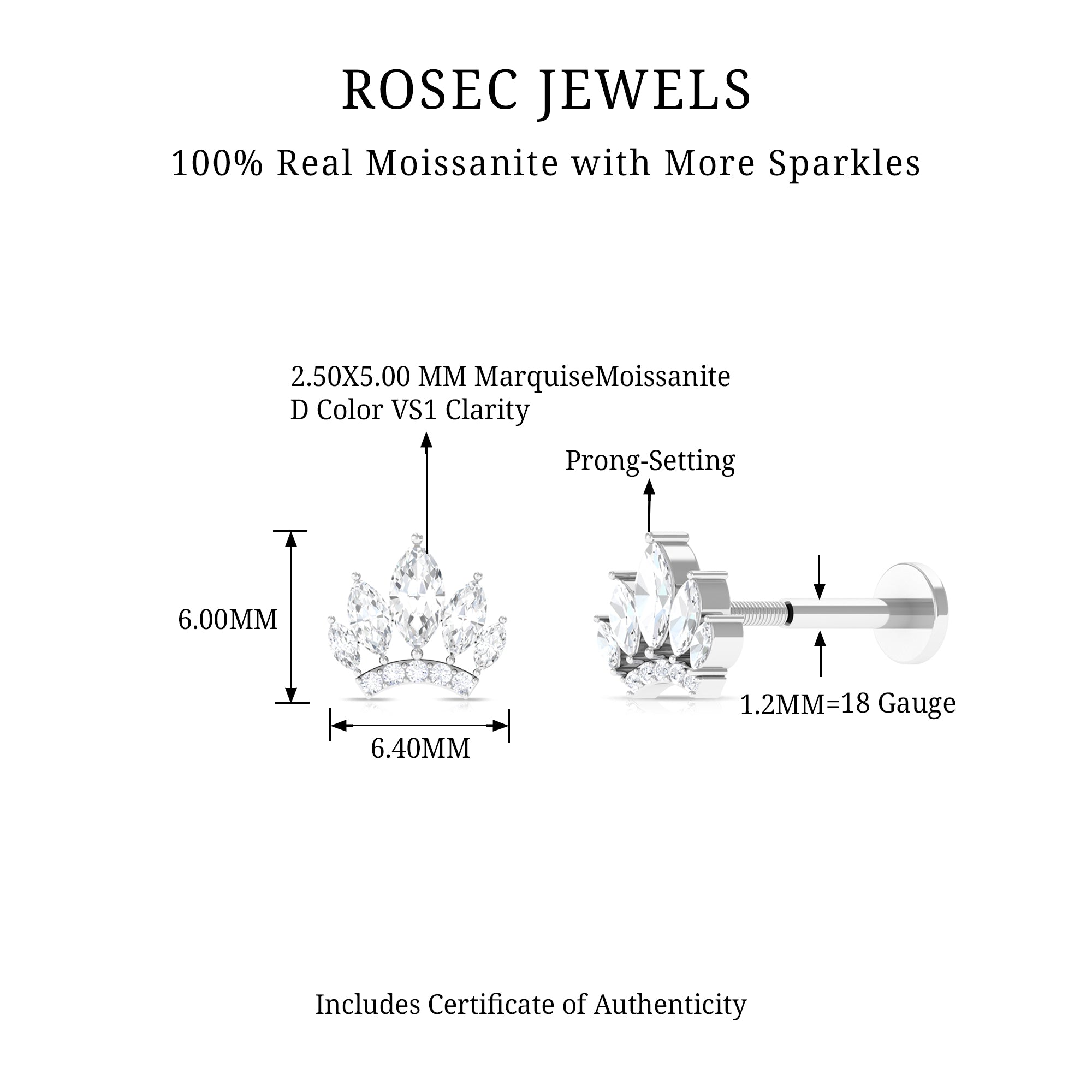 Rosec Jewels-Marquise Moissanite Gold Crown Cartilage Earring