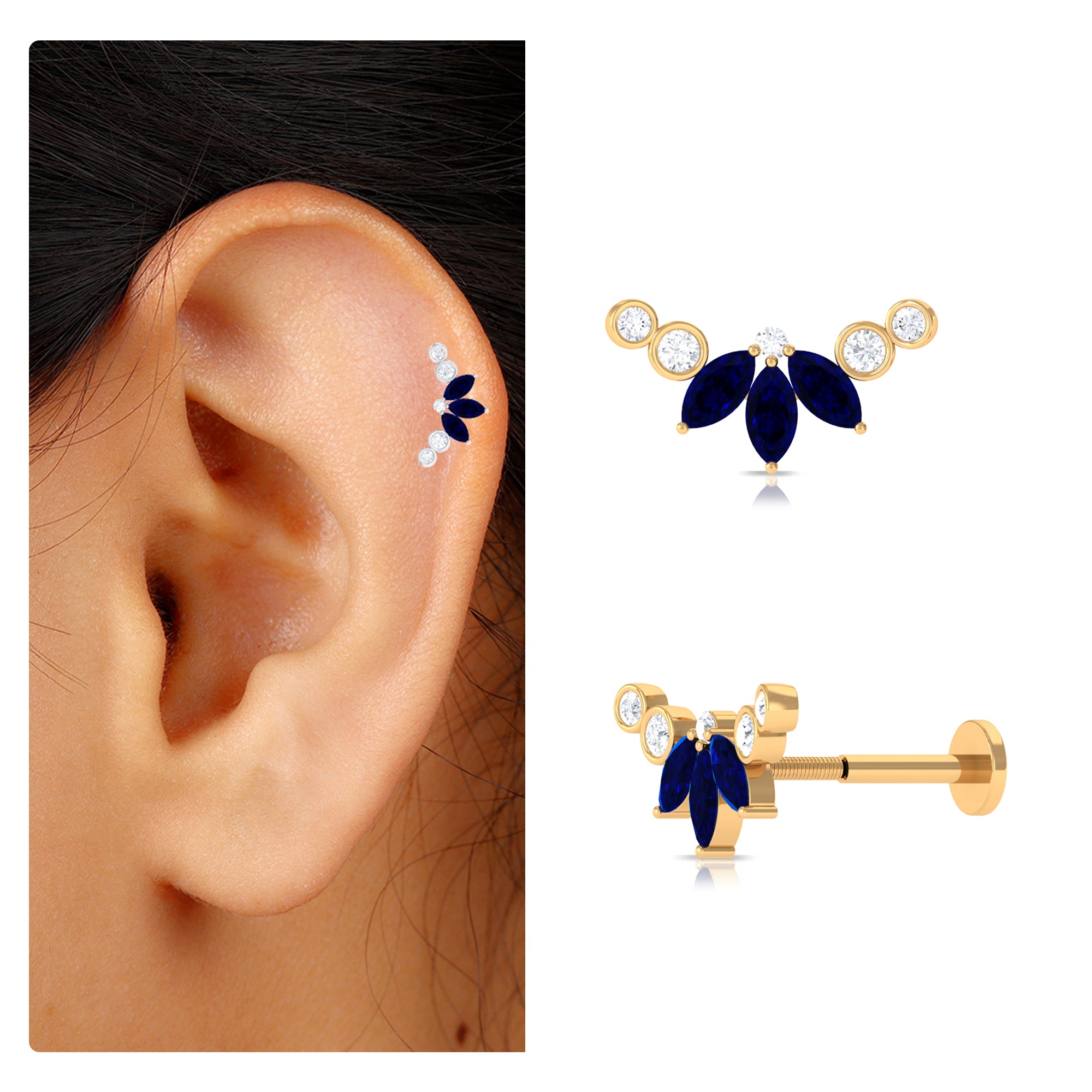 Blue Sapphire and Moissanite Crawler Cartilage Earring Blue Sapphire - ( AAA ) - Quality - Rosec Jewels