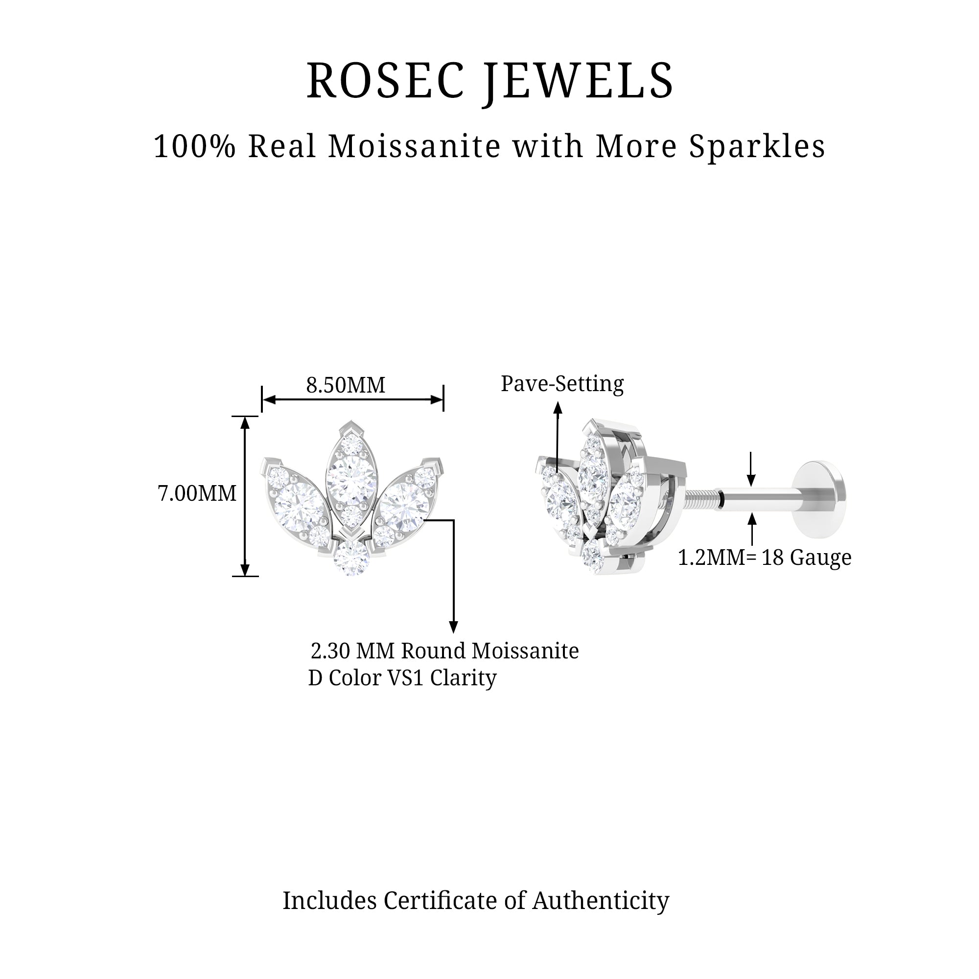 Rosec Jewels-Certified Moissanite Lotus Earring for Cartilage Piercing