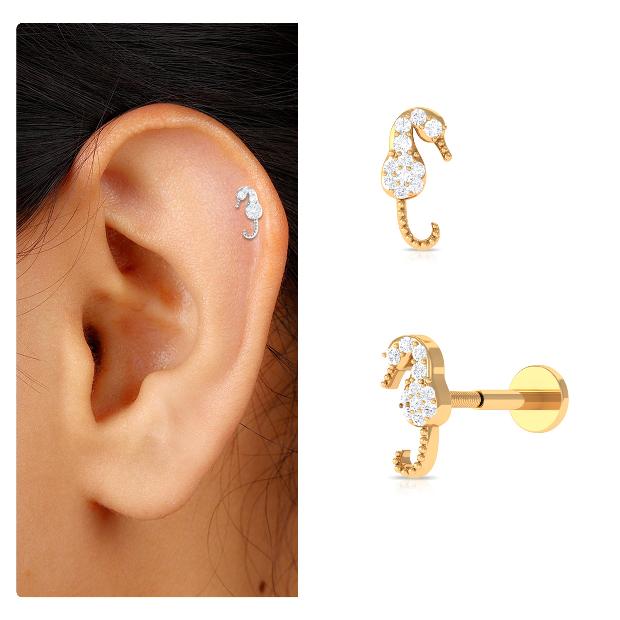 Rosec Jewels-Natural Diamond Seahorse Earring for Upper Lobe Piercing