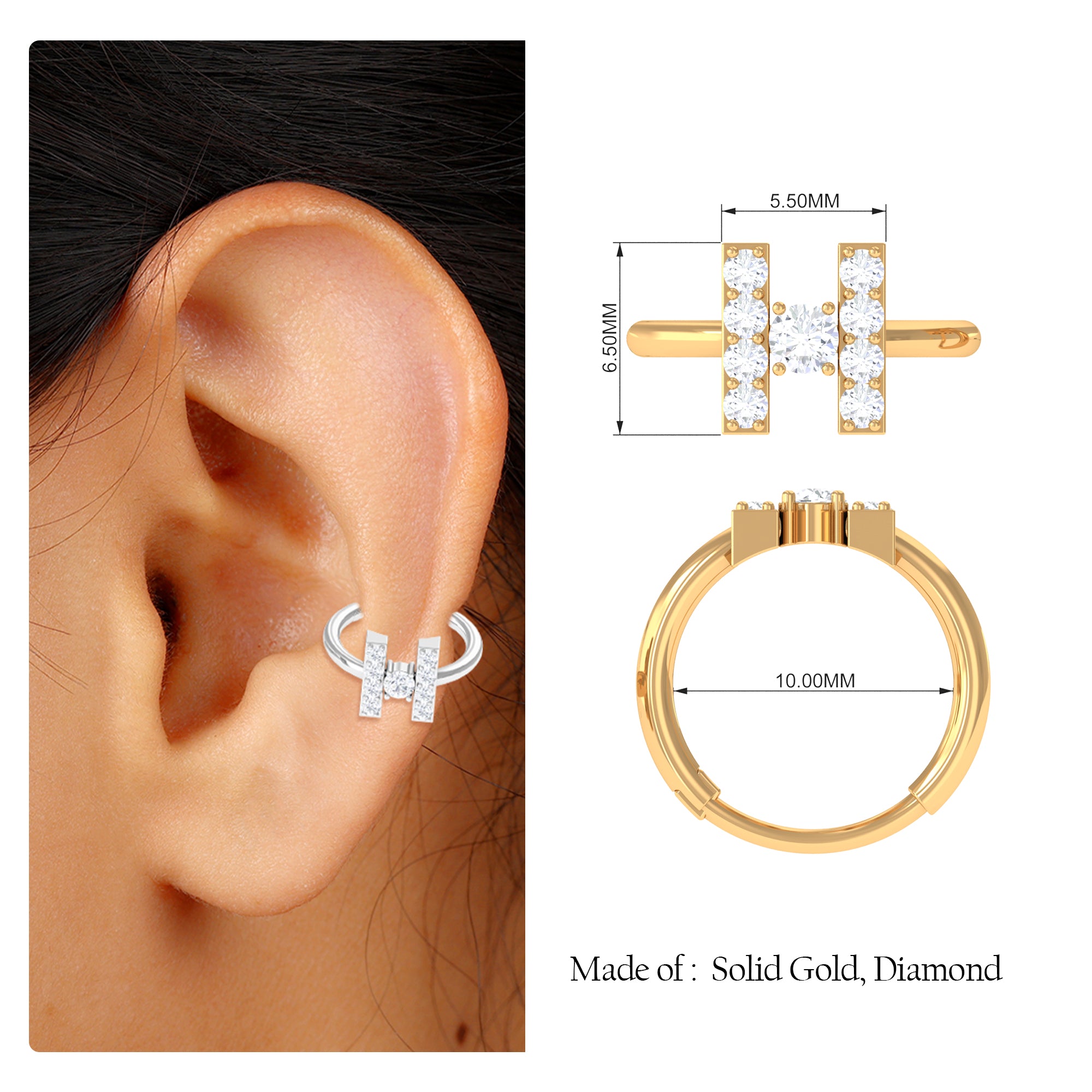 Rosec Jewels-Elegant Moissanite Gold Hoop Earring for Conch Piercing