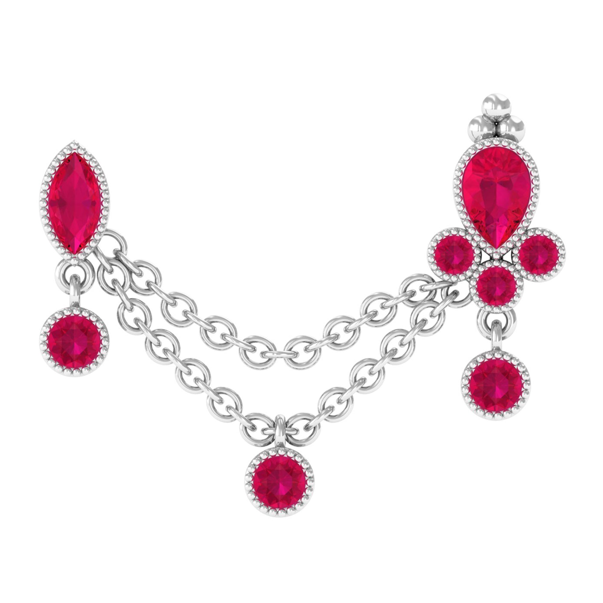 Rosec Jewels-Natural Red Ruby Double Piercing Earring with Dangling Chain