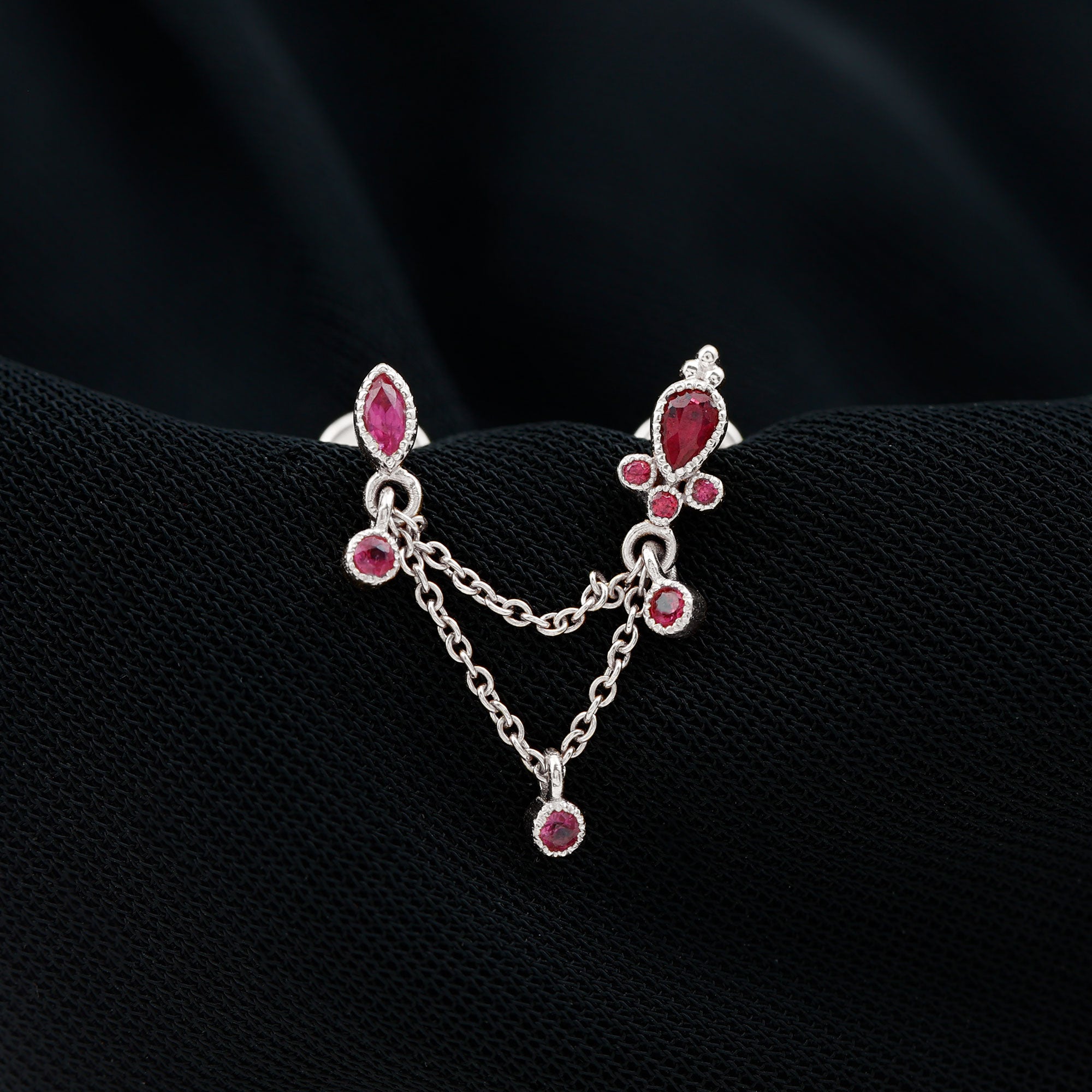 Rosec Jewels-Natural Red Ruby Double Piercing Earring with Dangling Chain