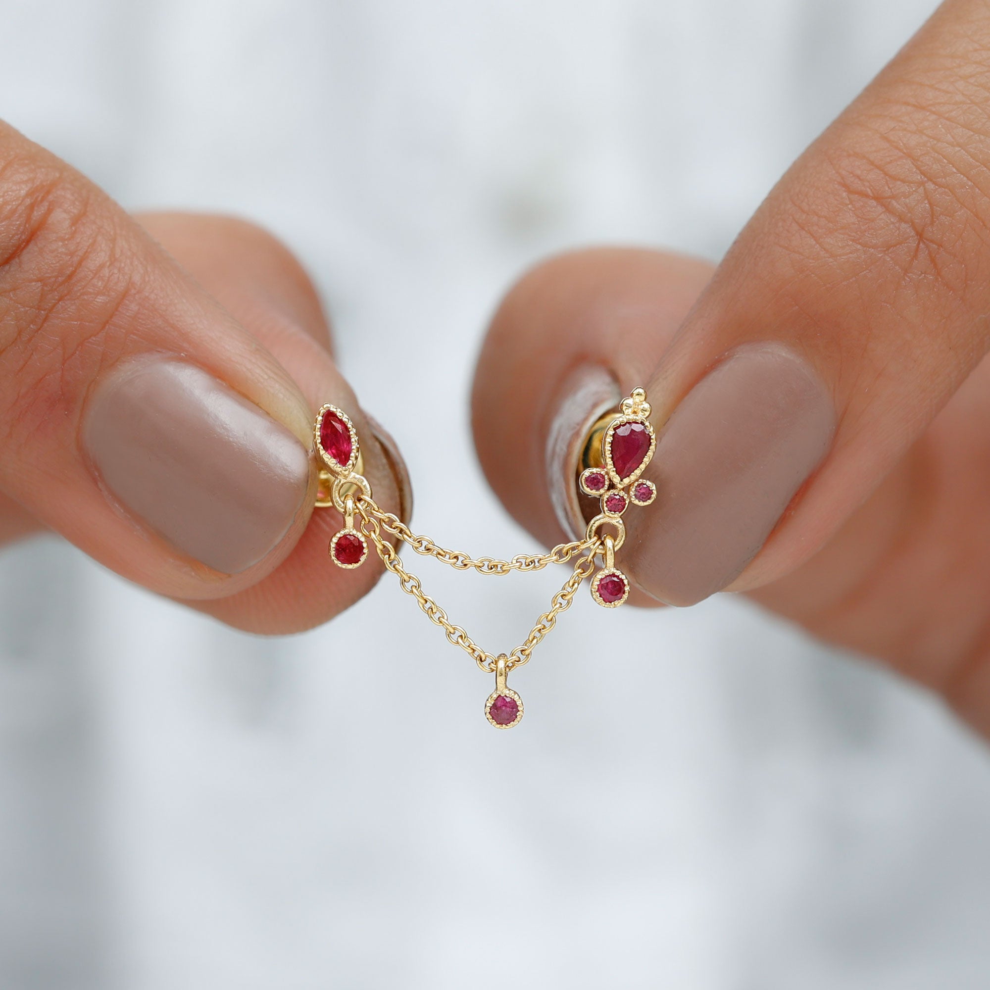 Rosec Jewels-Natural Red Ruby Double Piercing Earring with Dangling Chain