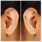 Rosec Jewels-Bezel Set Emerald Two Stone Helix Earring with Gold Beaded