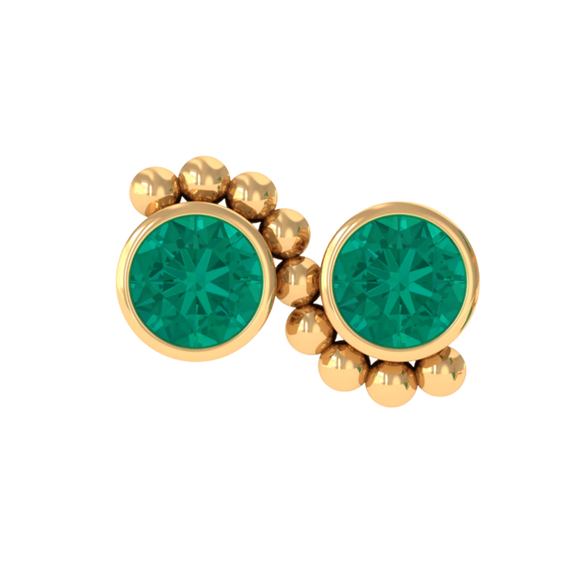 Rosec Jewels-Bezel Set Emerald Two Stone Helix Earring with Gold Beaded