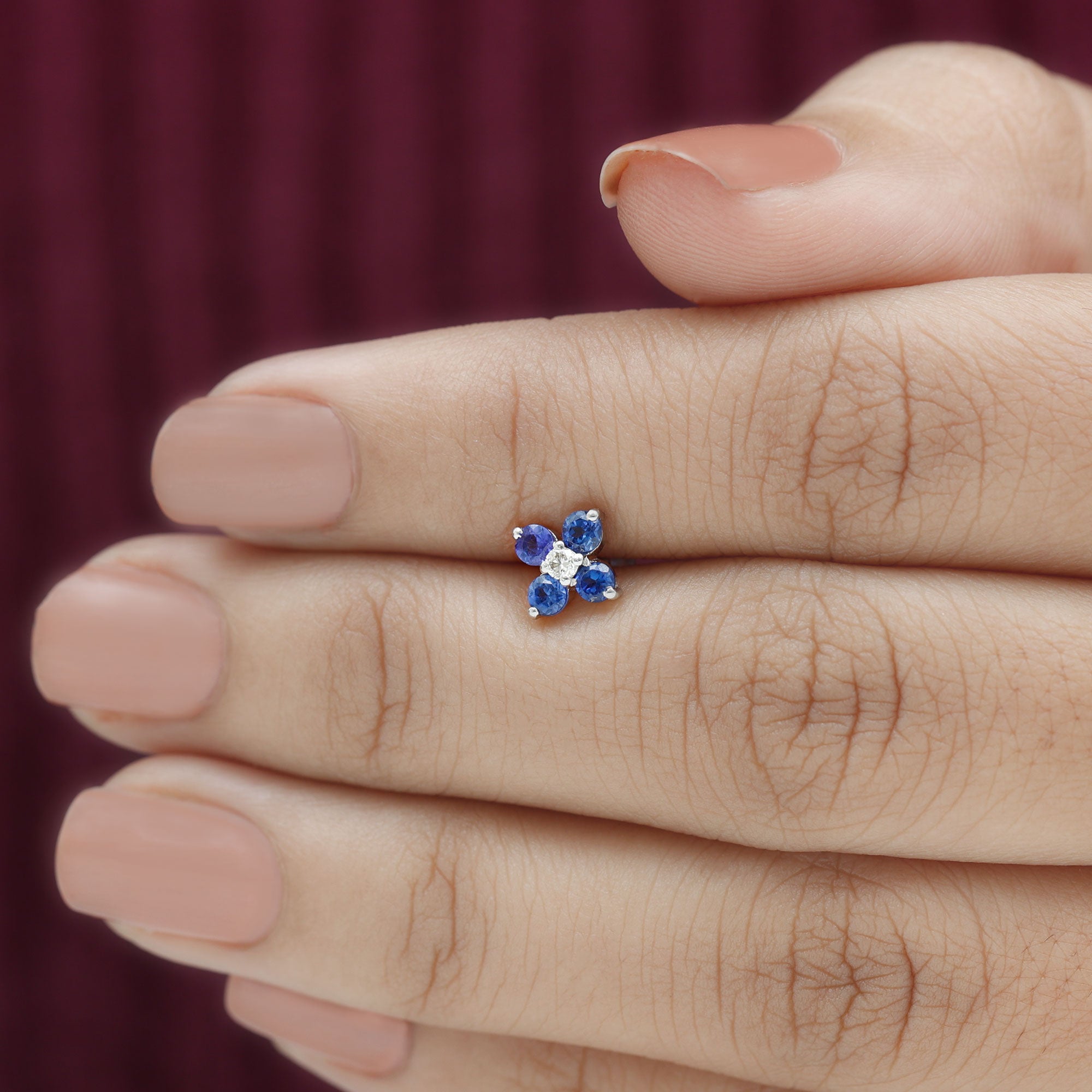 Rosec Jewels-Blue Sapphire and Moissanite Flower Earring for Rook Piercing