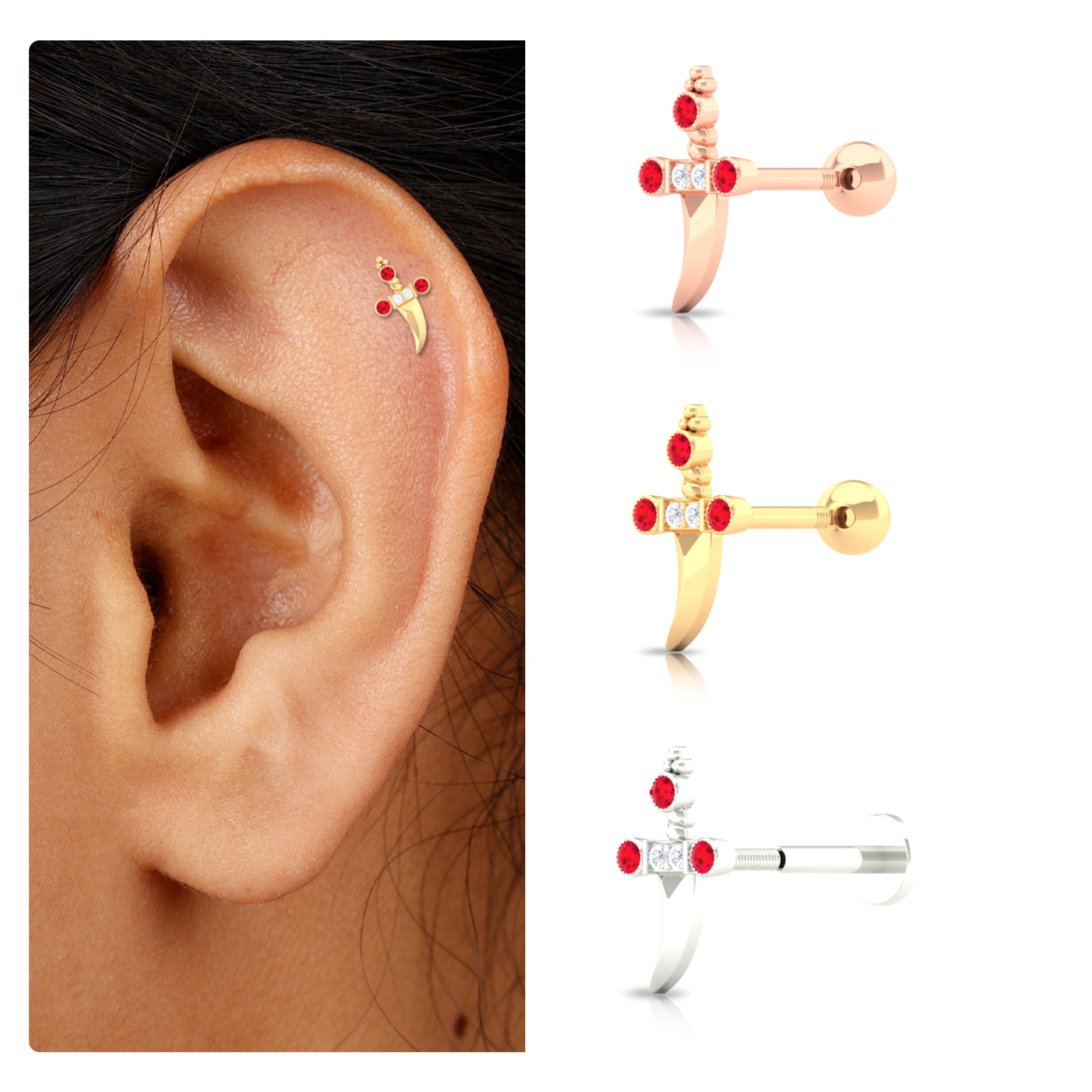 Rosec Jewels-Real Ruby and Diamond Dagger Helix Earring in Gold