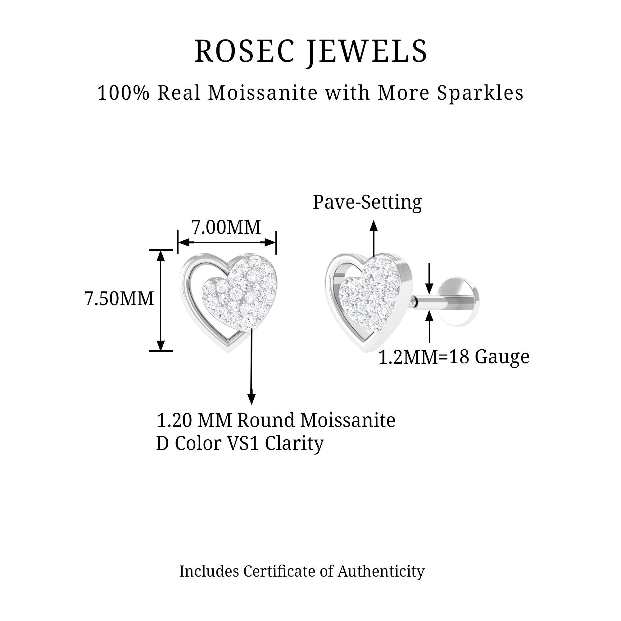 Rosec Jewels-Moissanite Heart Stud Earring for Rook Piercing