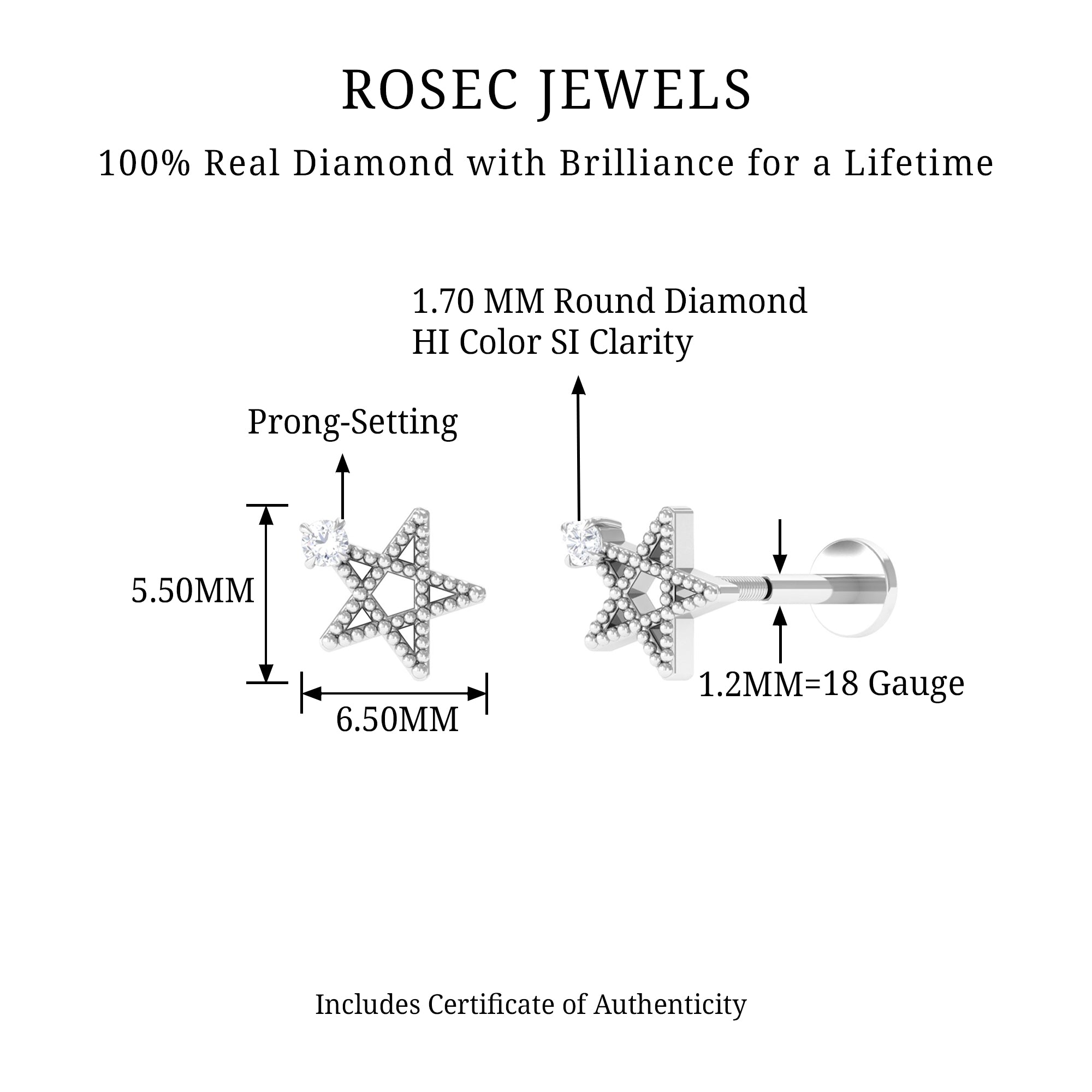 Rosec Jewels-Natural Diamond Star Cartilage Earring with Beaded Gold