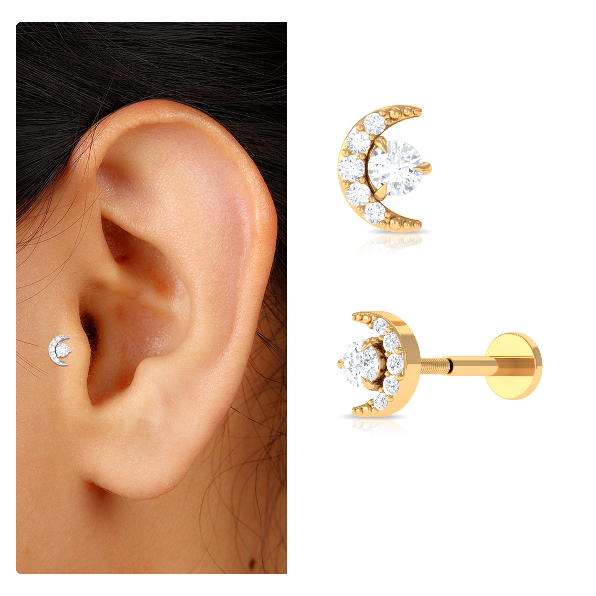 Rosec Jewels-Dainty Moissanite Moon Earring for Helix Piercing