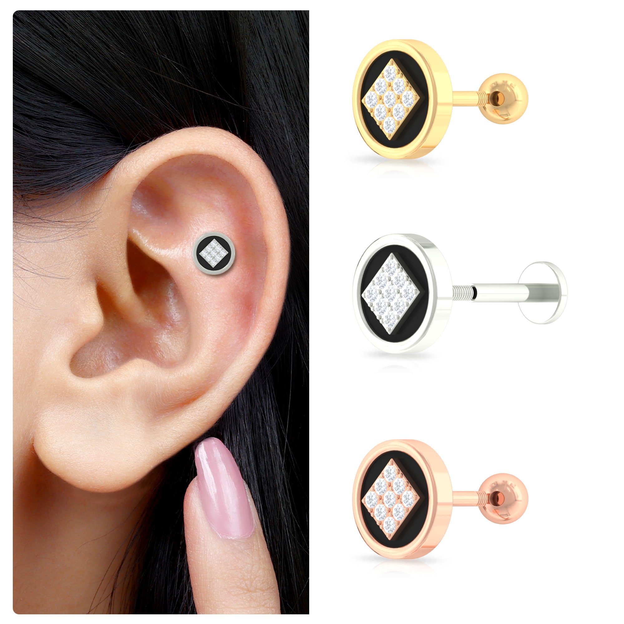 Rosec Jewels-Classic Moissanite Circle Rook Earring with Black Enamel